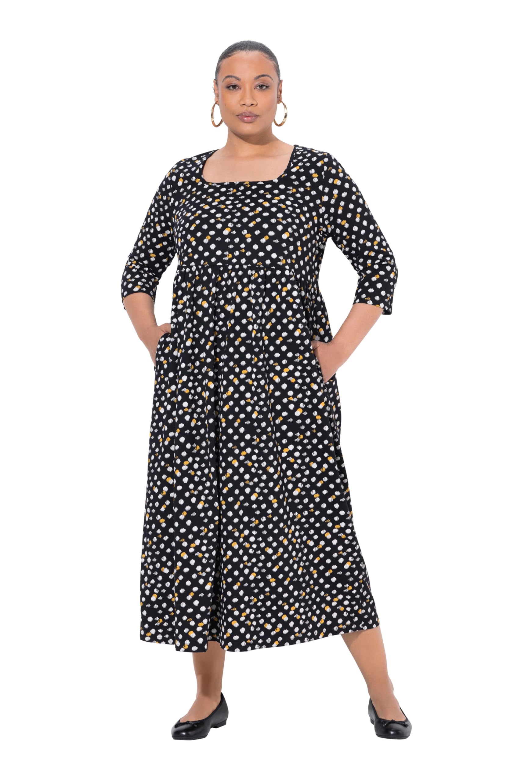 Ulla Popken Damen große Größen Übergrößen Plus Size Maxikleid, Punkte, A-Linie, Carree-Ausschnitt, 3/4-Arm 842748