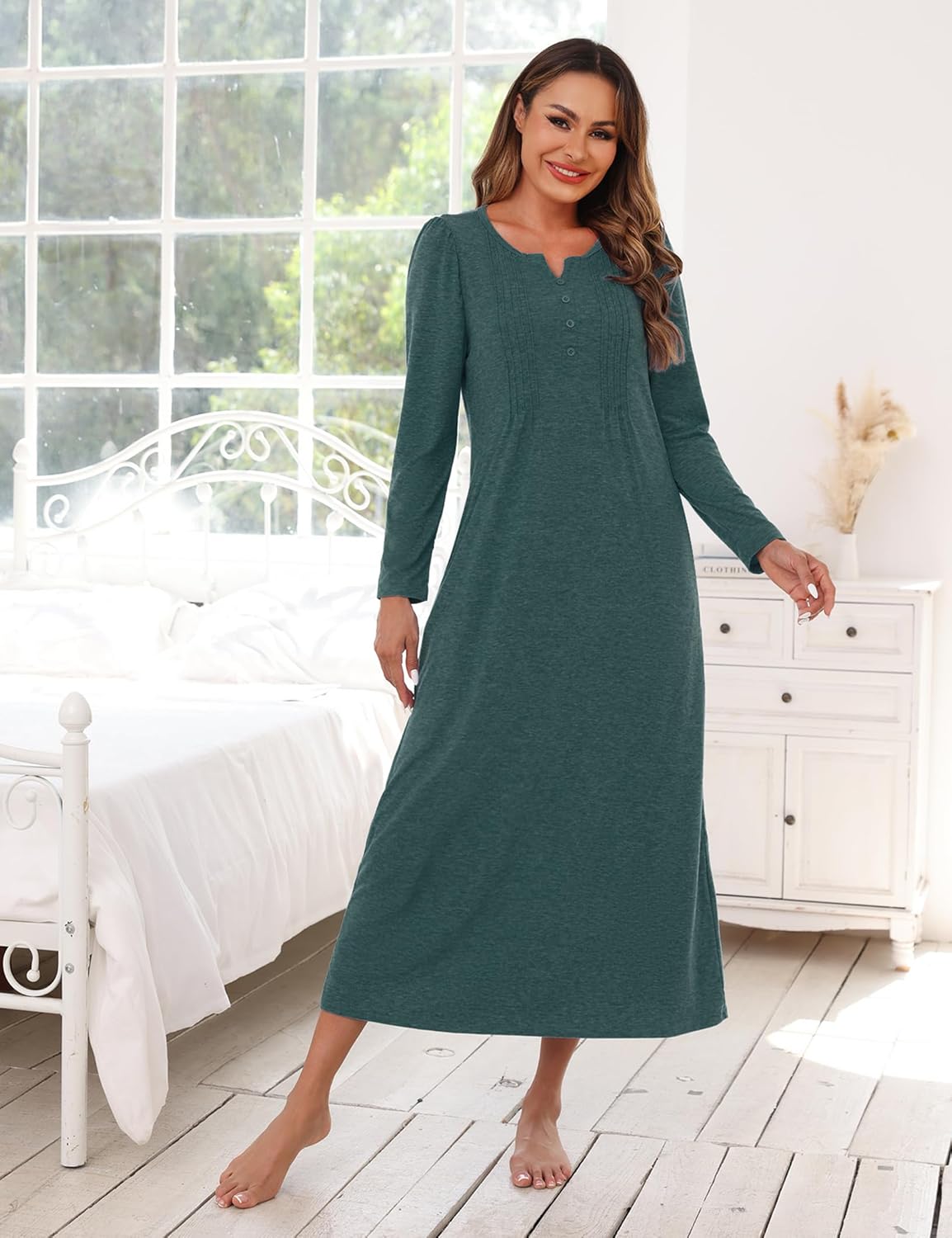 Marvmys Womens Cotton Long Sleeve Nightgowns Soft Ladies Sleep Shirts V Neck Full Length Night Shirts Sleepwear with Pockets - Image 2