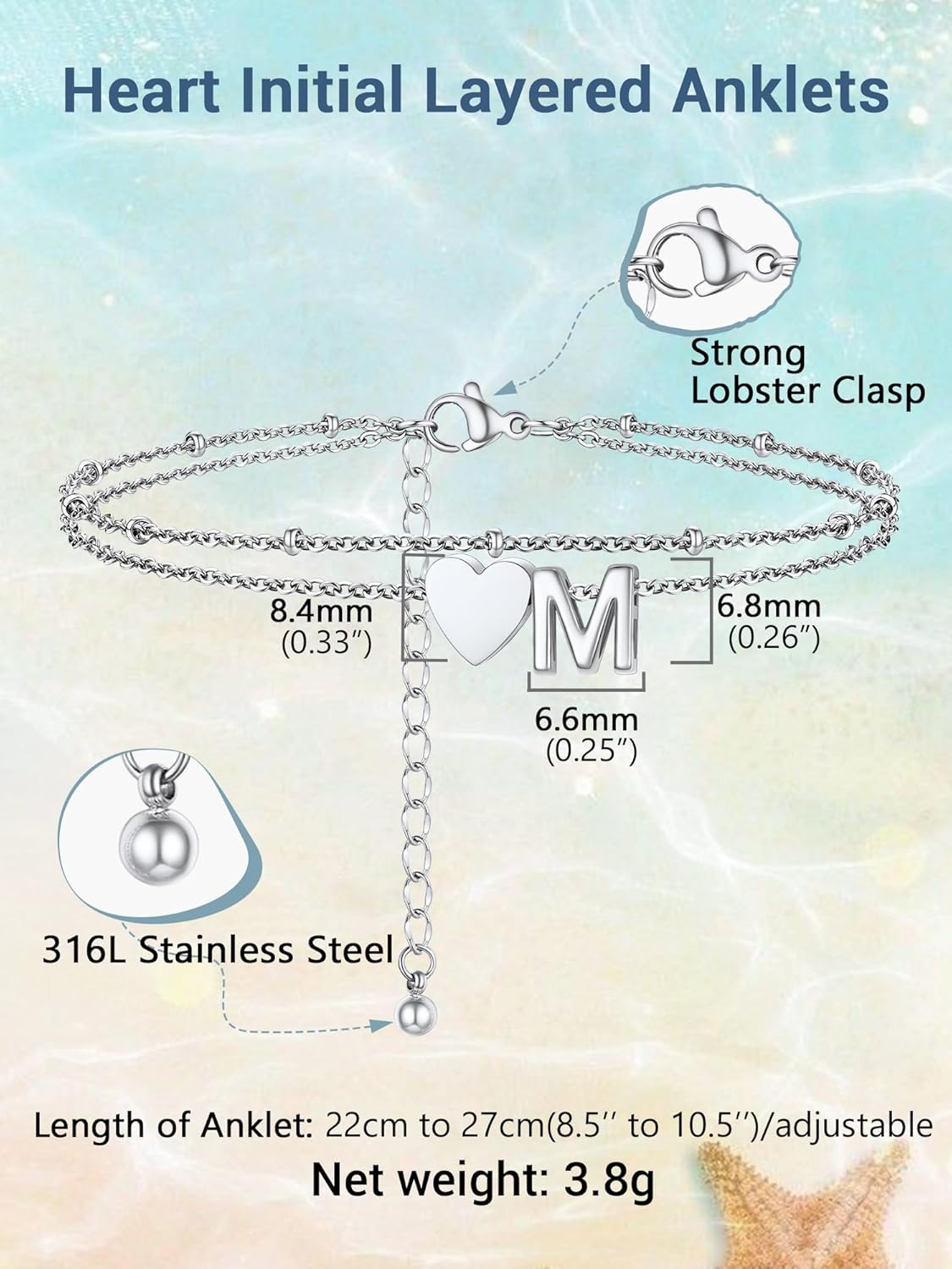 Initial Ankle Bracelets for Women, Dainty Stainless Steel Letter A-Z Layered Anklets, Heart Ankle Bracelet 8.5"-10.5" Adjustable, Summer Beach Jewelry, Come with Box - Image 7