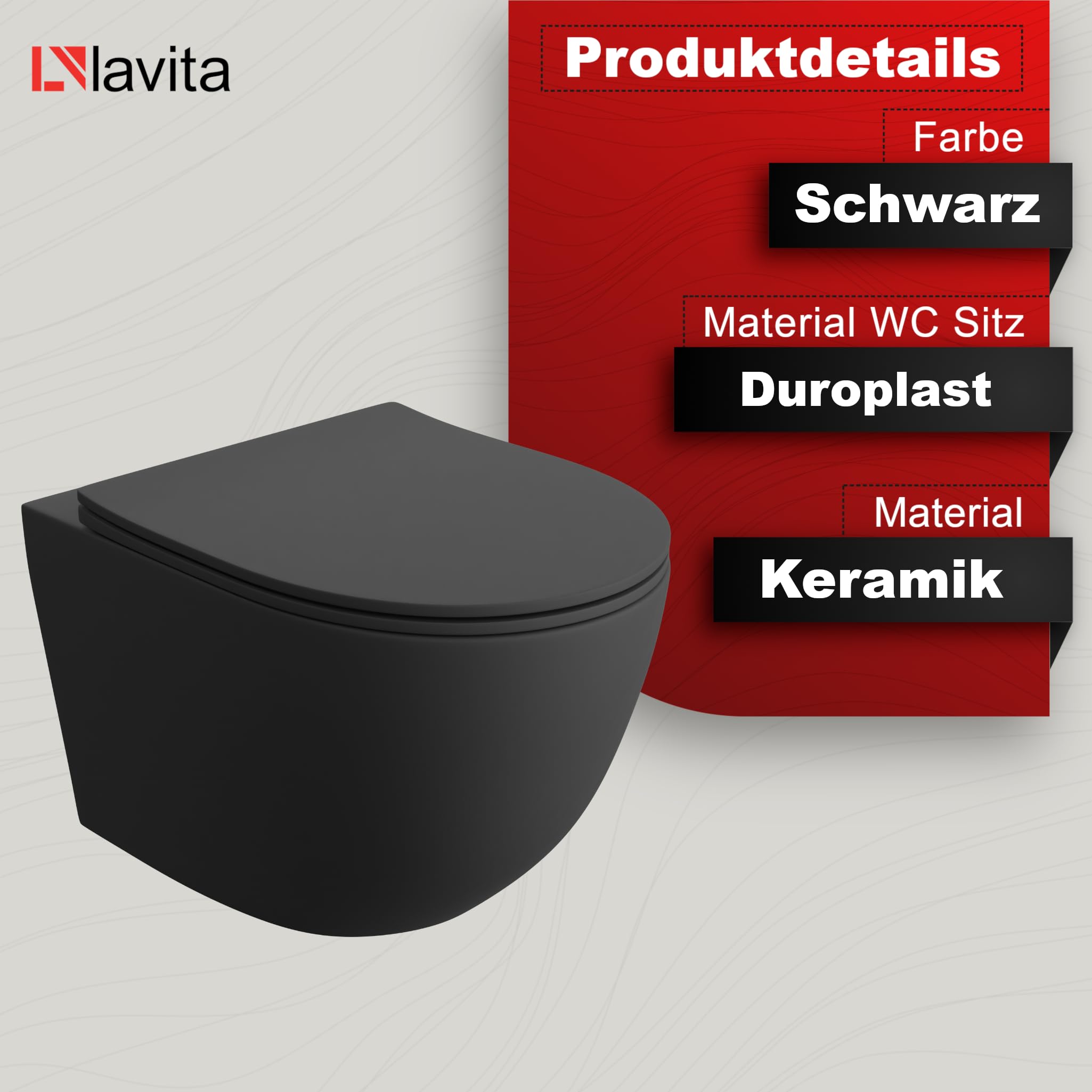 LAVITA Wand-WC Sinto Black Hänge Toilette Toilettendeckel mit Absenkautomatik & Metallscharniere Toiletten Spülrandlos Hängend Spülsystem TORNADO 3.0 Toilettenbecken Schwarz