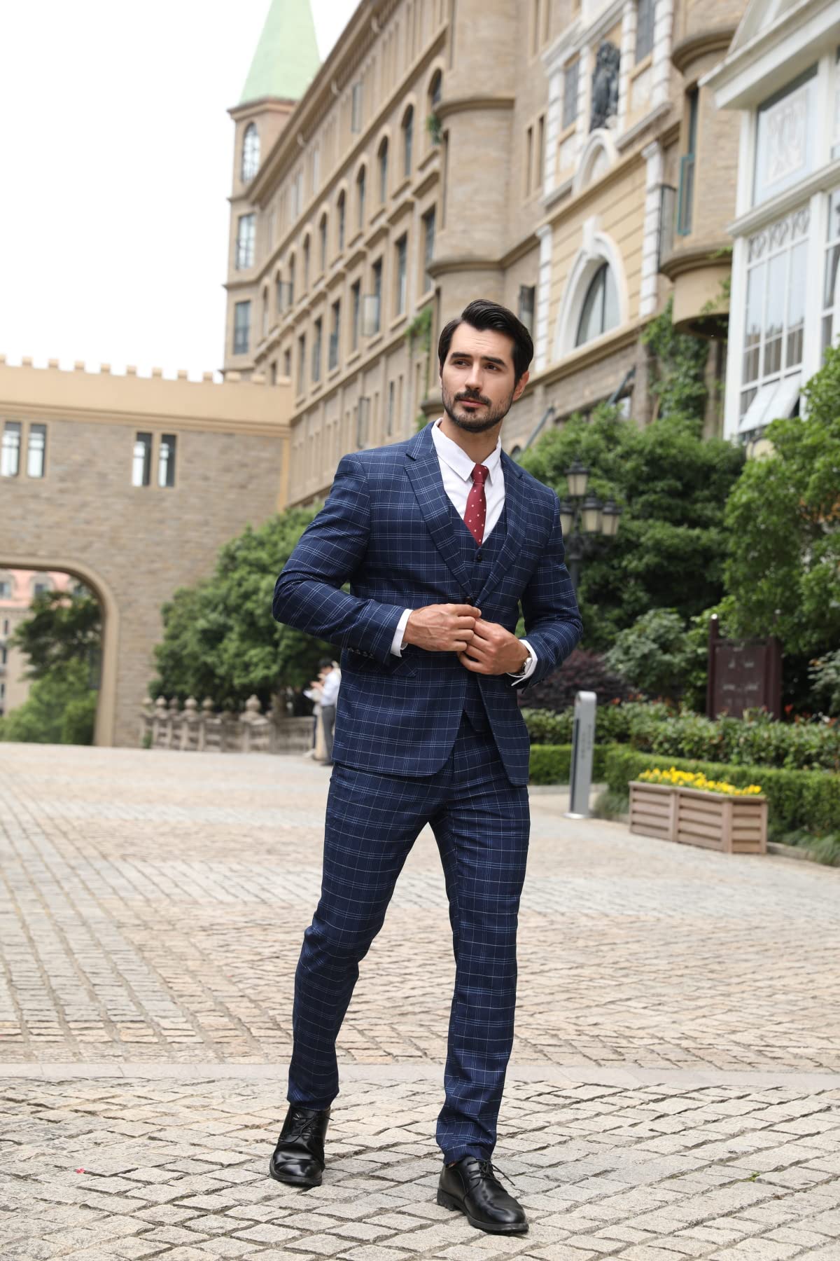Allthemen Dres męski, garnitur w kratkę, slim fit, 3-częściowy, marynarka, biznesowa, na wesele