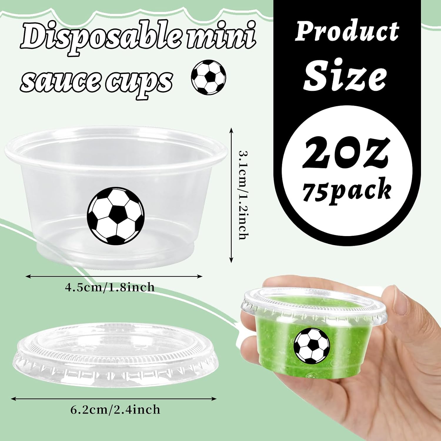 JarThenaAMCS 75 Pcs Soccer Plastic Sauce Cups World Cup Jelly Shot Cup with Lid Disposable Condiment Containers for Sport Theme Birthday Baby Shower Party Supplies, 2 Oz image 2