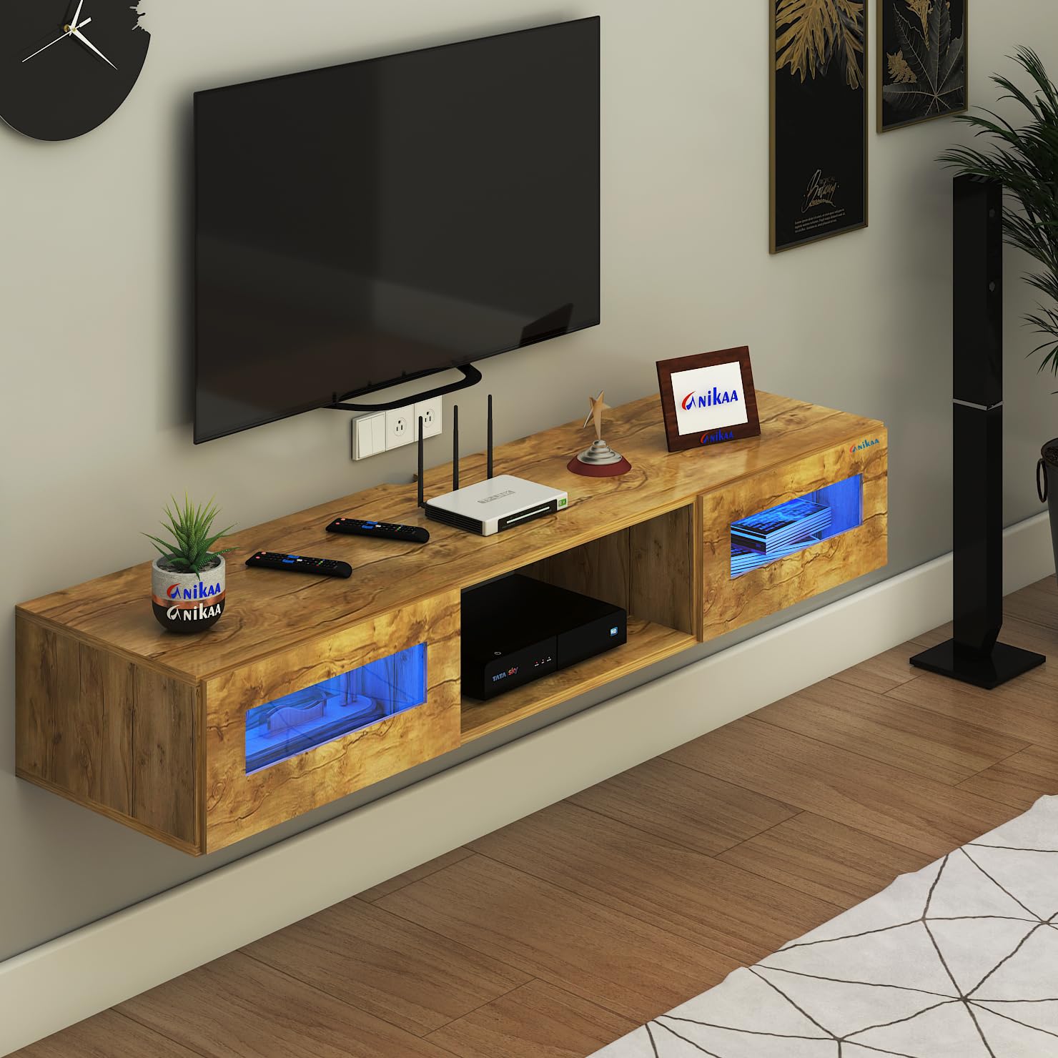 Anikaa Orilo Wall Mount Modern Floating TV Unit for Living Room with 3 Storage Cabinet & Blue LED Light | Ideal for UP to 55 Inch TV (Gaintwood Finish - DIY Installation)-image-41