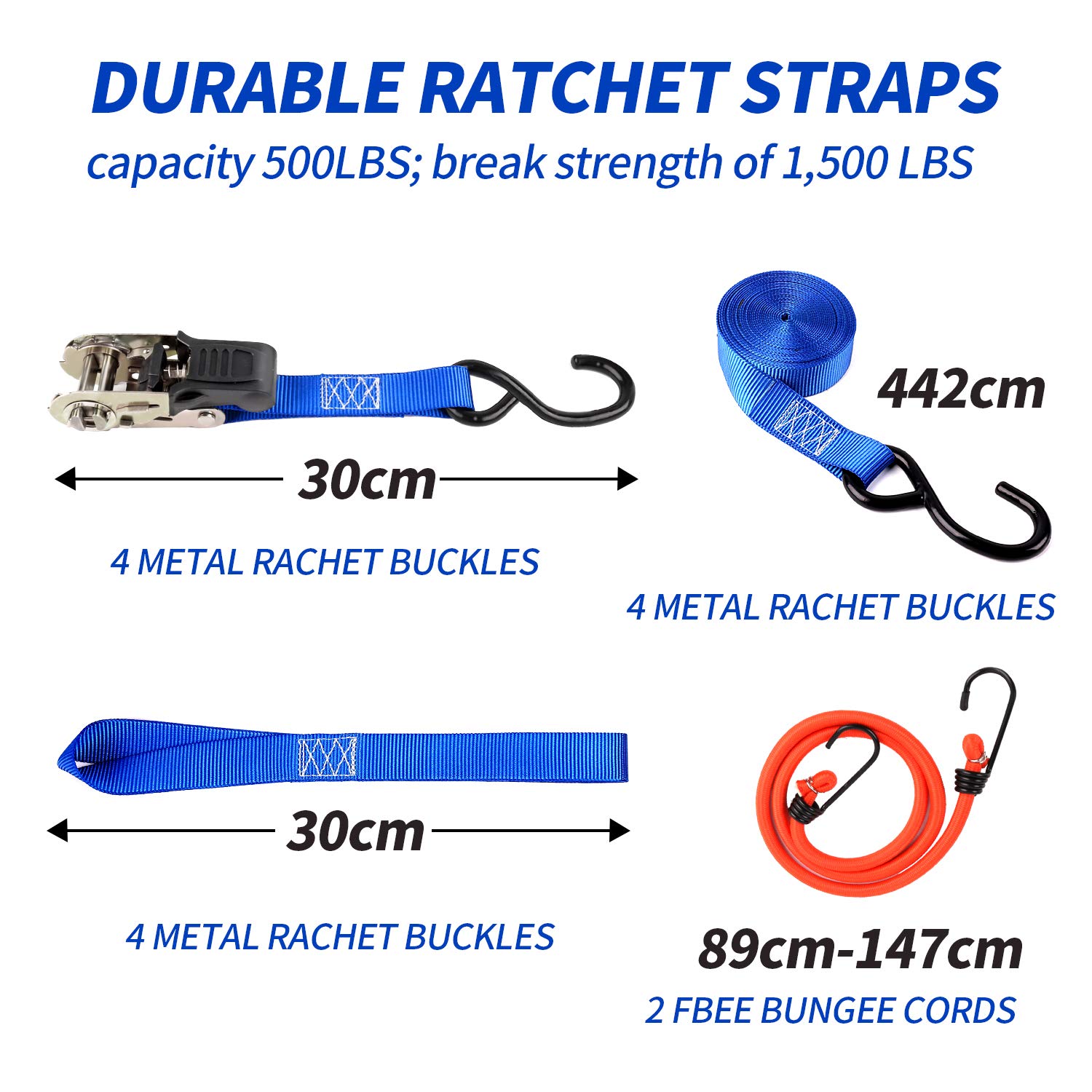 Leader Accessories Ladungssicherungsset 10-TLG. stabil 4xRatschenzurrgurte flexibel 4xZurrschlaufen praktisch 2X Spannseile Ink. Aufbewahrungstasche Blau