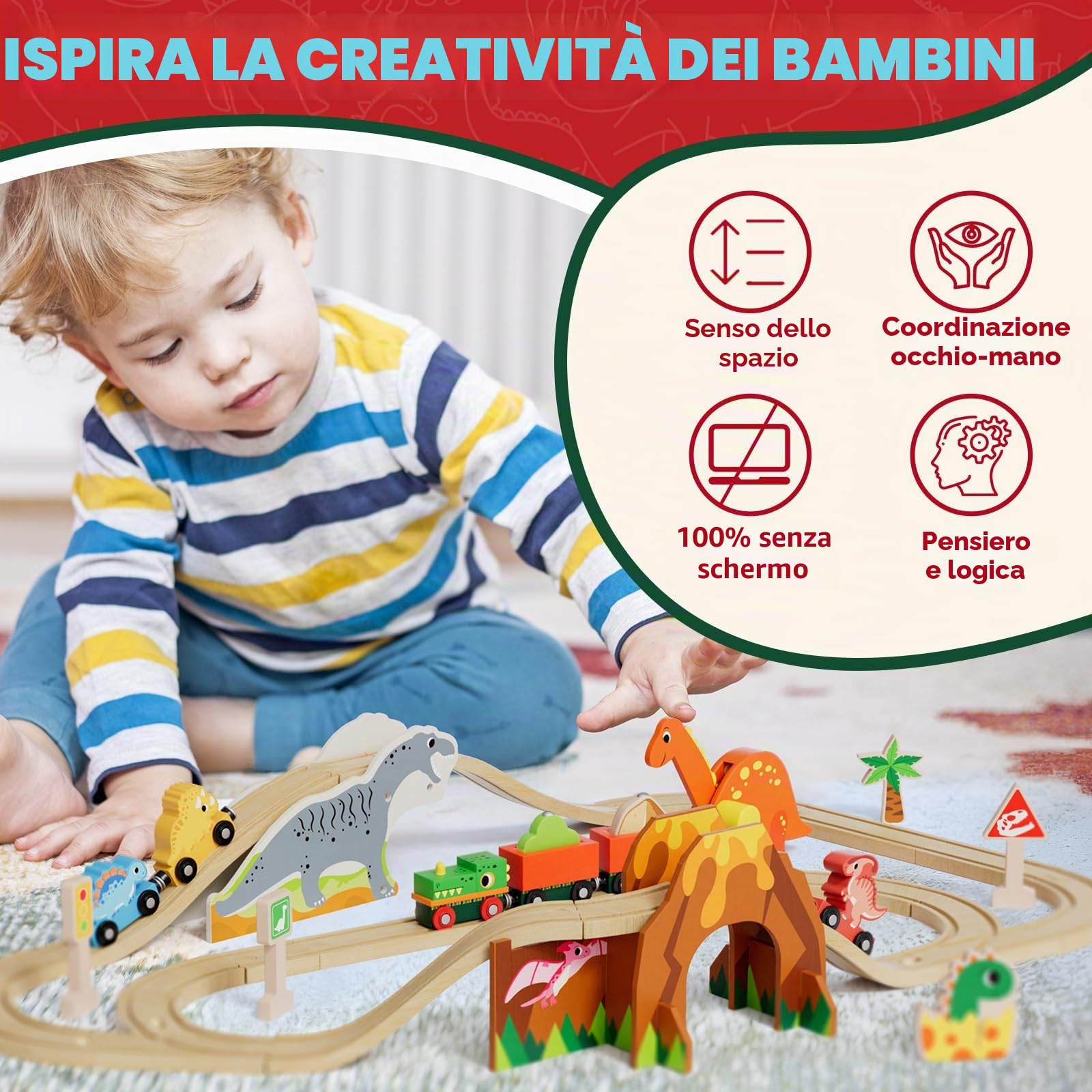 Lehoo Castle Treno in legno, dinosauro giocattolo per bambini 3+ anni | Treno Dino con 2 carri, tunnel vulcano, gru magnetica, compatibile con binari in legno, regalo per ragazze e ragazzi