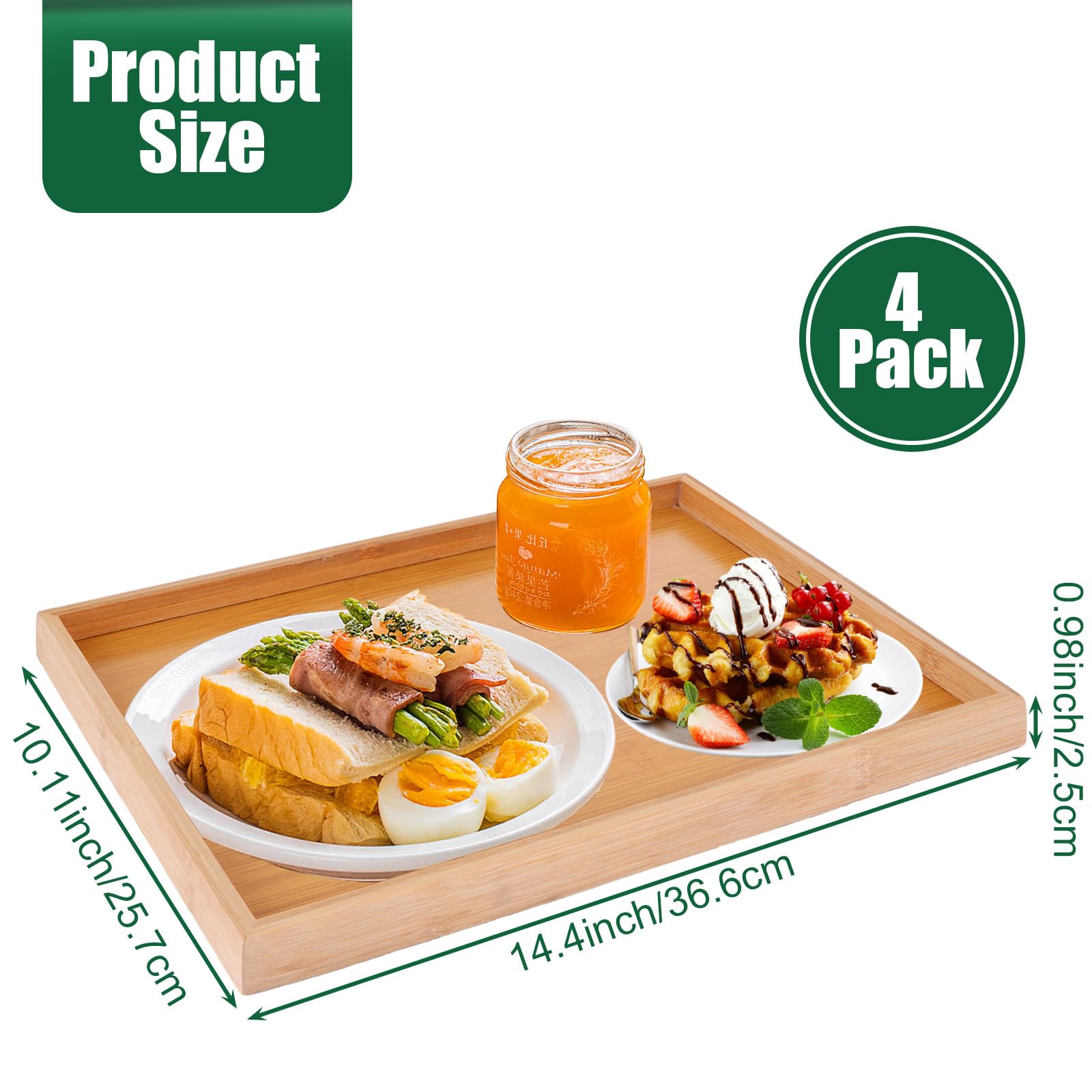 MIVIDE 4 vassoi da portata in legno di bambù, 37 x 26 x 2,5 cm, in legno, rettangolare, per colazione, tè, tavolino da caffè, bevande
