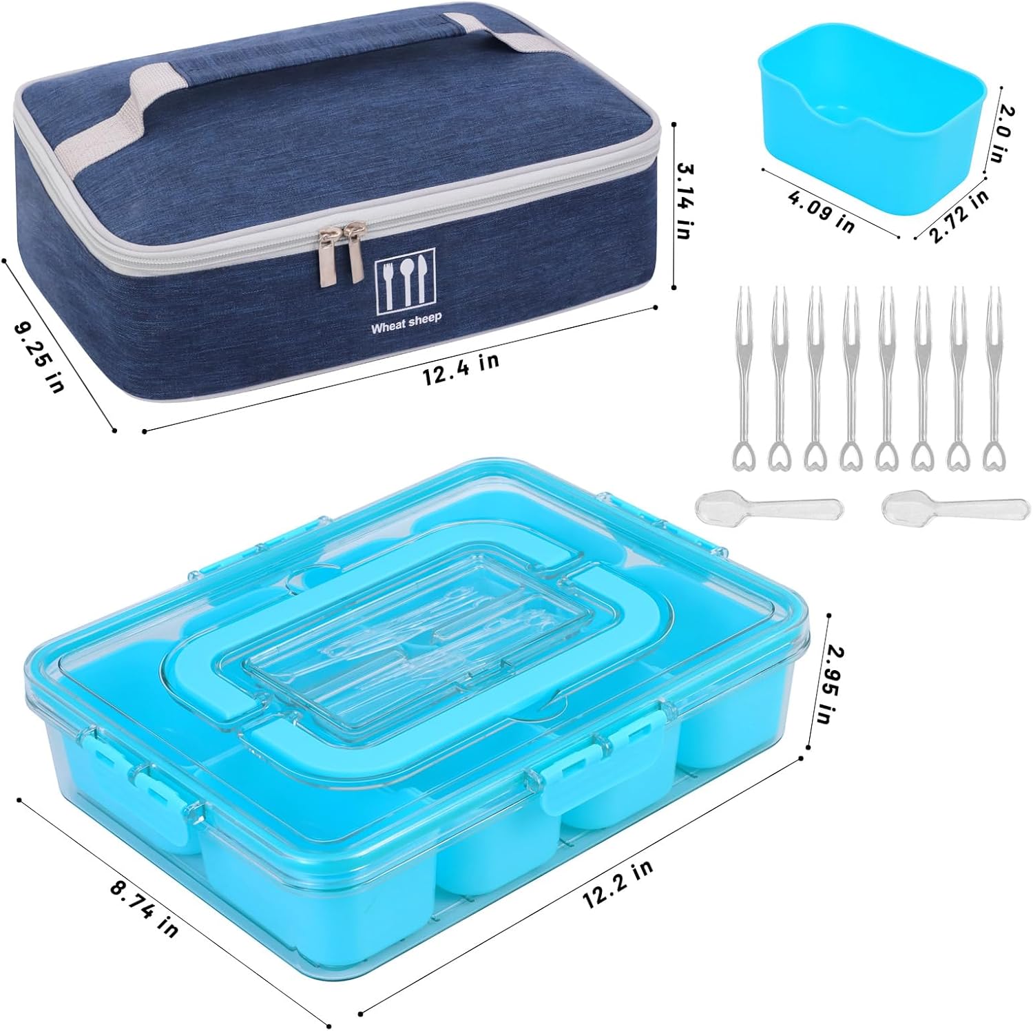 Snack Box Container with Insulated Cooler Bag, Divided Serving Tray with Lid and Handle Beach Essentials, Snackle Box Veggie Fruit Tray with 8 Compartments & 8 Forks & 2 Spoon Blue