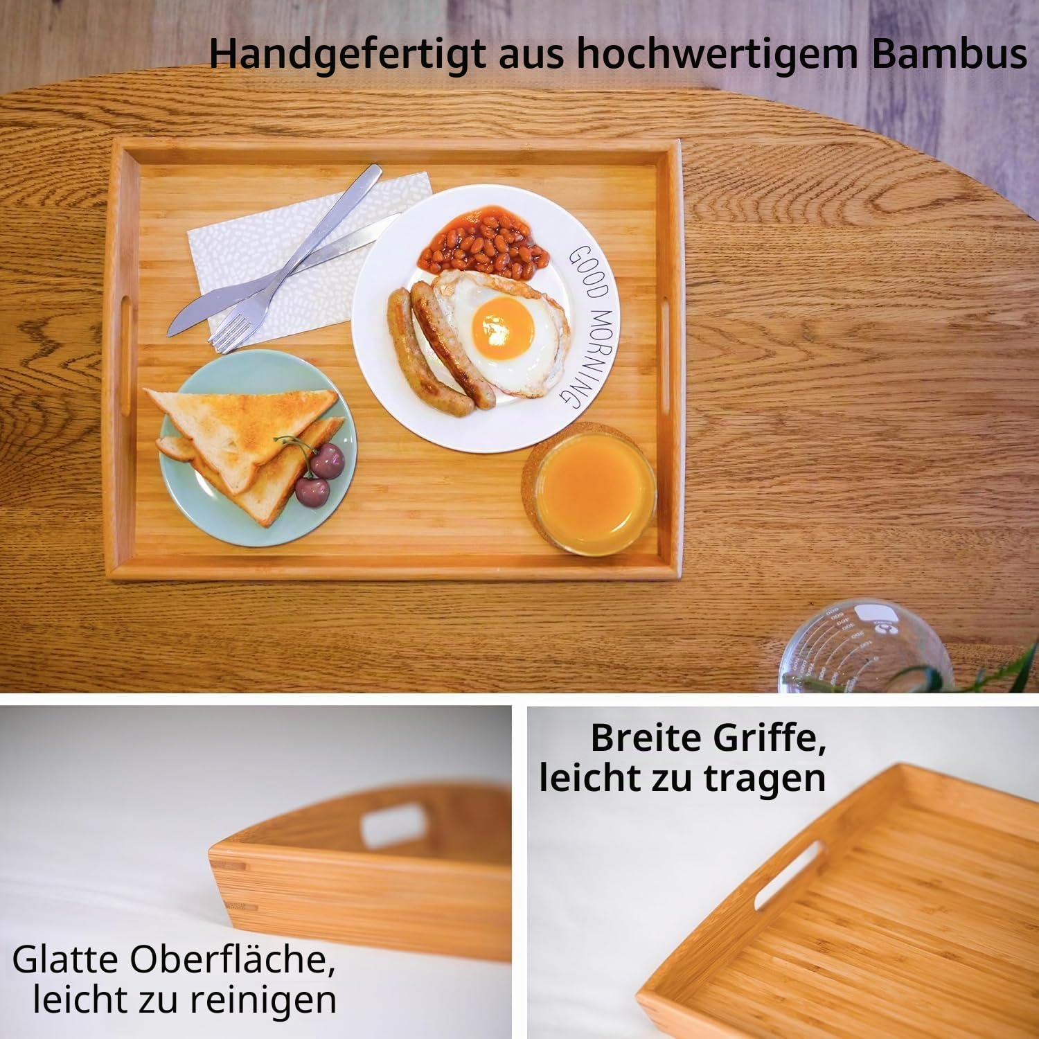 Joy&Grace Bambus Serviertablett mit Griffen – Frühstückstablett aus Holz, 42,6 x 32,5 cm – Esstablett fürs Bett, Sofa, Couchtisch & TV – 1 Stück