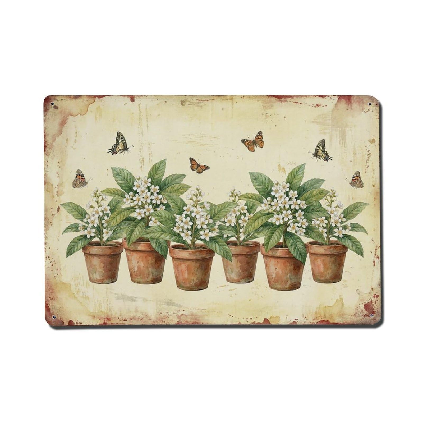 Vintage Rustic Flower Potted Plants Loquat Metal Tin Sign