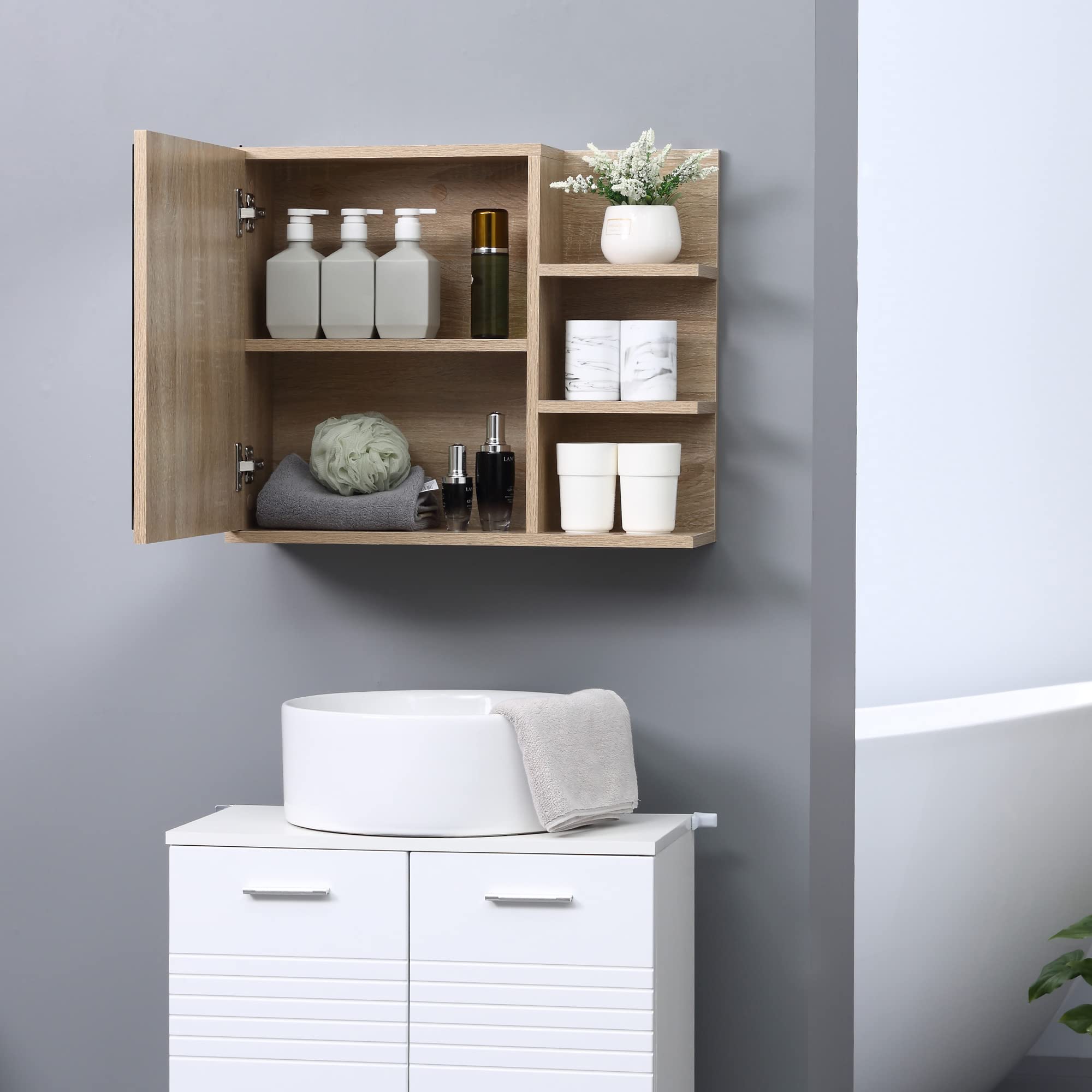 kleankin Armoire Miroir de Salle de Bain Aspect Chêne Clair | 3 Étagères Latérales, Kit Installation Murale Fourni, Panneaux Particules