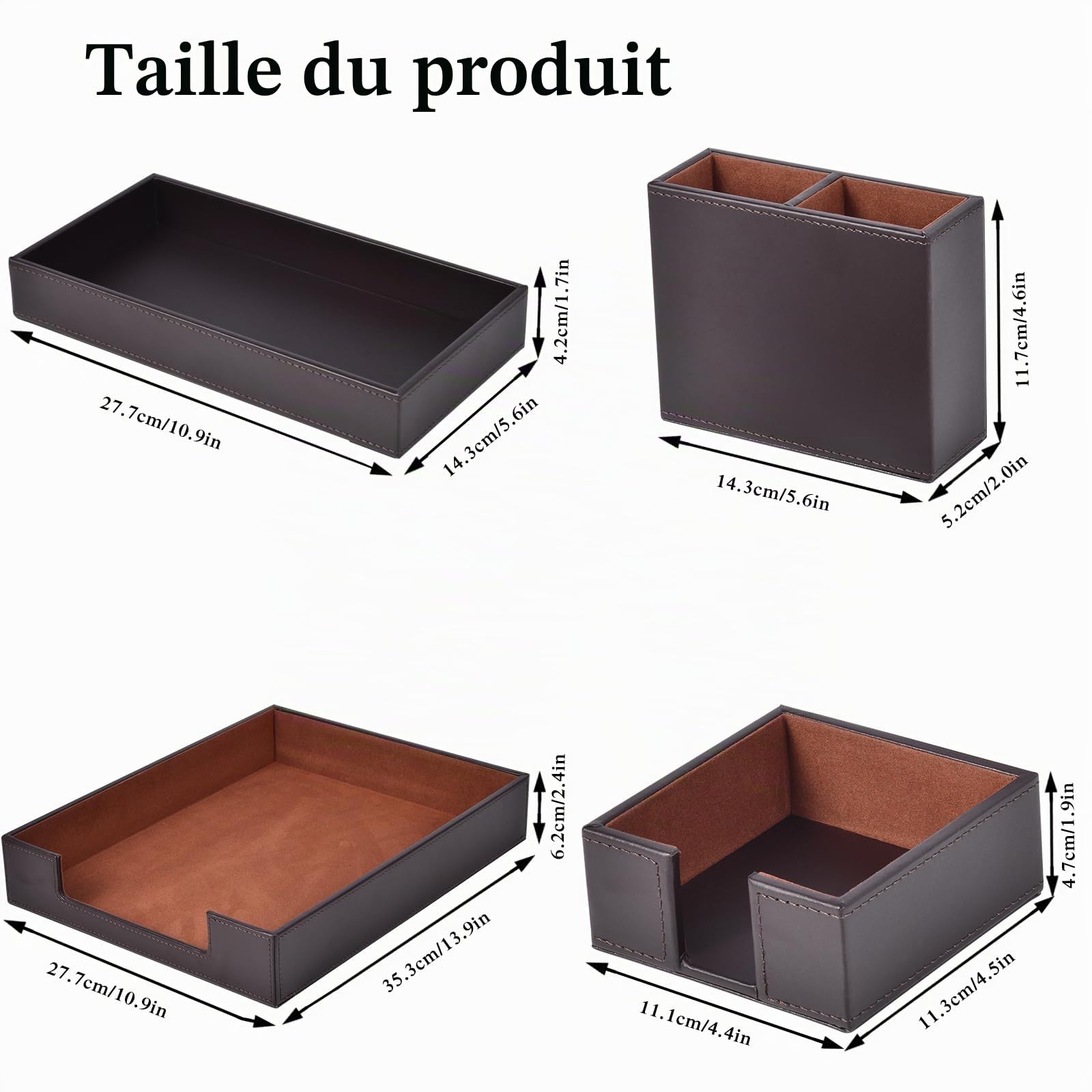 Ensemble de Bureau en Cuir Synthétique avec Organisateur de Bureau, Porte-Stylo, Porte-Notes, Bac à Lettres - Marron