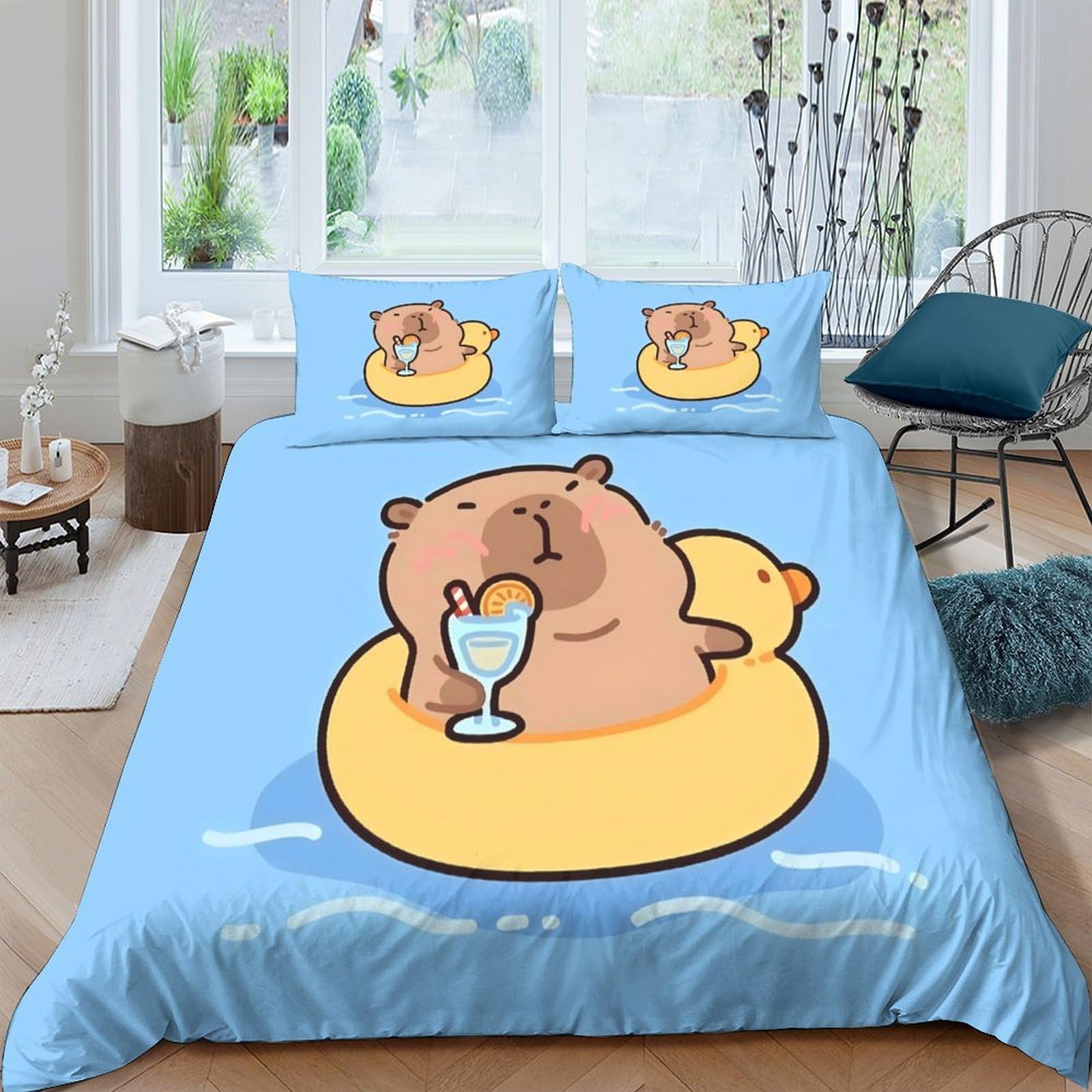 Ctjqhvkz Style-6 3D Printed Capybara Pool Duck Fitted Sheet Microfiber Soft Blue Cartoon Mattress Cover For Bedroom Dorm Room Decor Single（135X200cm）