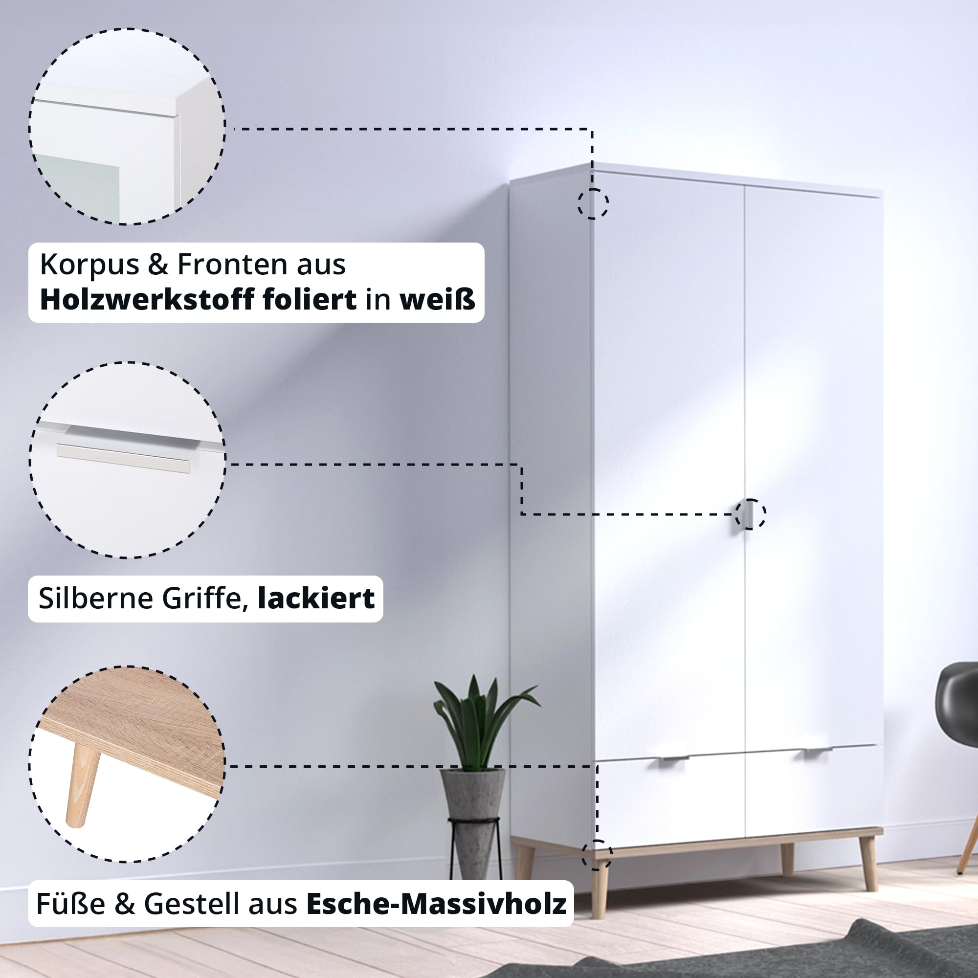 KHG Kleiderschrank 2-türig mit 2 Schubladen Scandi, Schublade, Tür | Sideboard aus Holzwerkstoff weiß foliert für Schlafzimmer, inkl. Kleiderstange 90x180x55 cm (B/H/T), für Stauraum