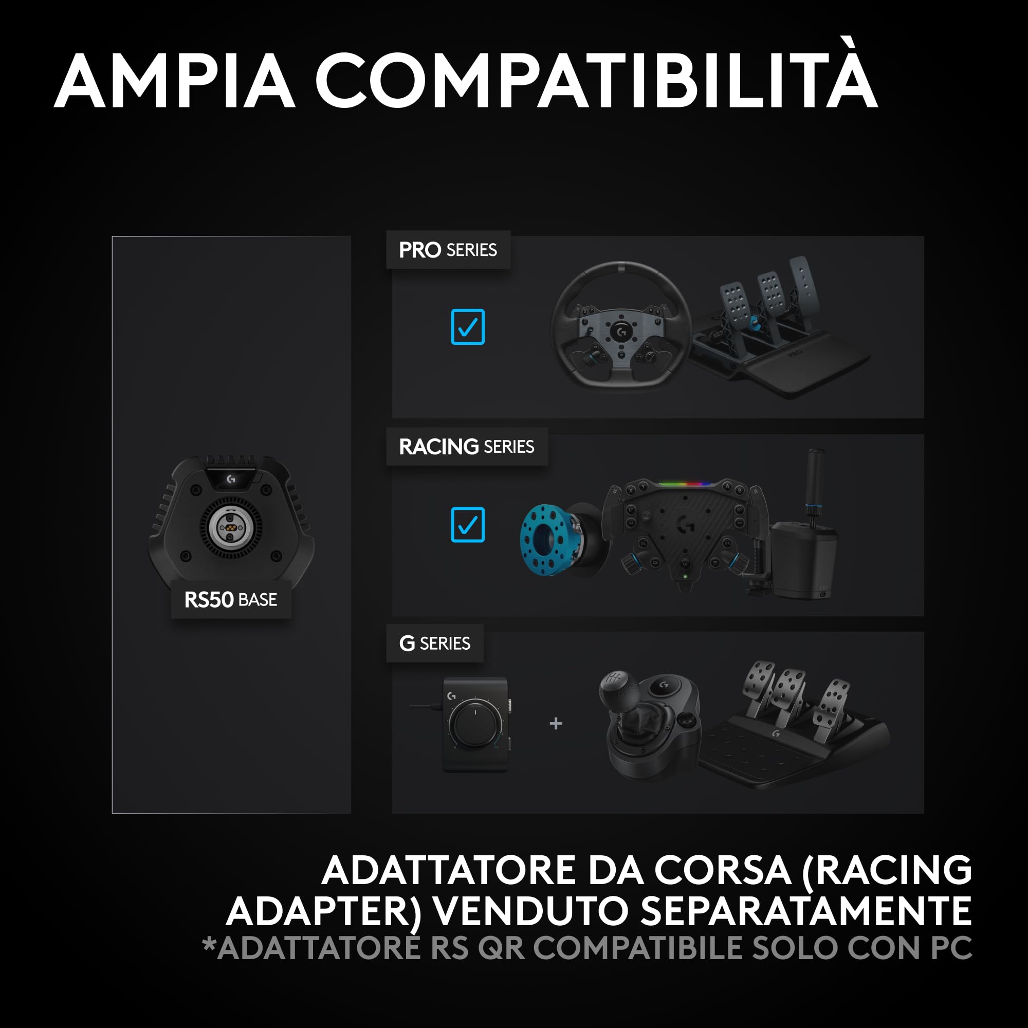 Logitech G RS50 System, set da corsa di simulazione a 3 pezzi | Base volante RS50, trasmissione diretta 8 Nm, RS Wheel Hub, 13 pulsanti, RS Round Wheel 28 cm - Xbox/PC - Nero