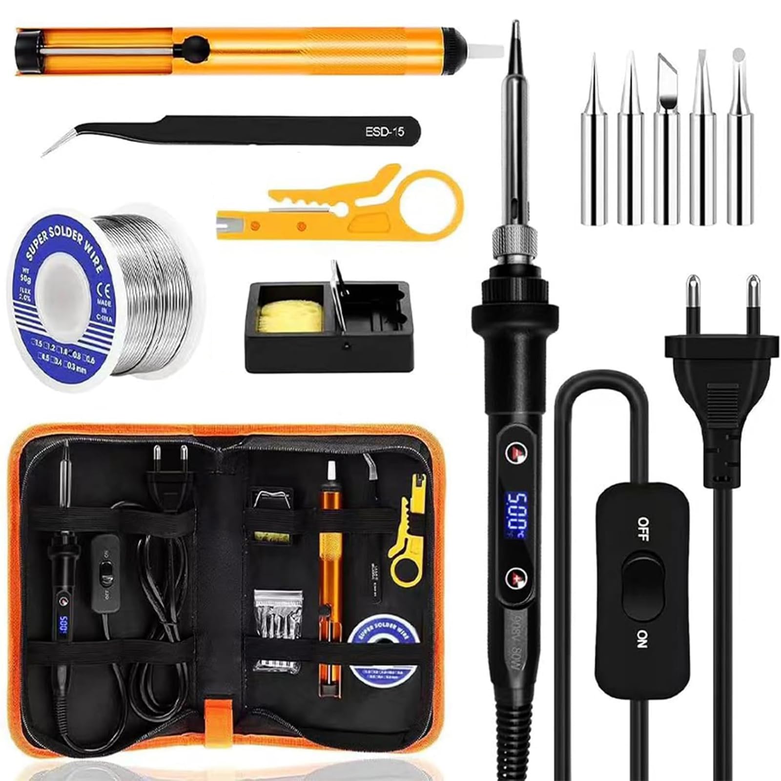 Soldador de estaño 80W Kit 13 en 1 Soldador Profesional con Temperatura Ajustable 180℃-520℃, 5 Puntas, Bombas de Soldadura, soporte, Pinzas ect, para Varios Usos y Reparaciones