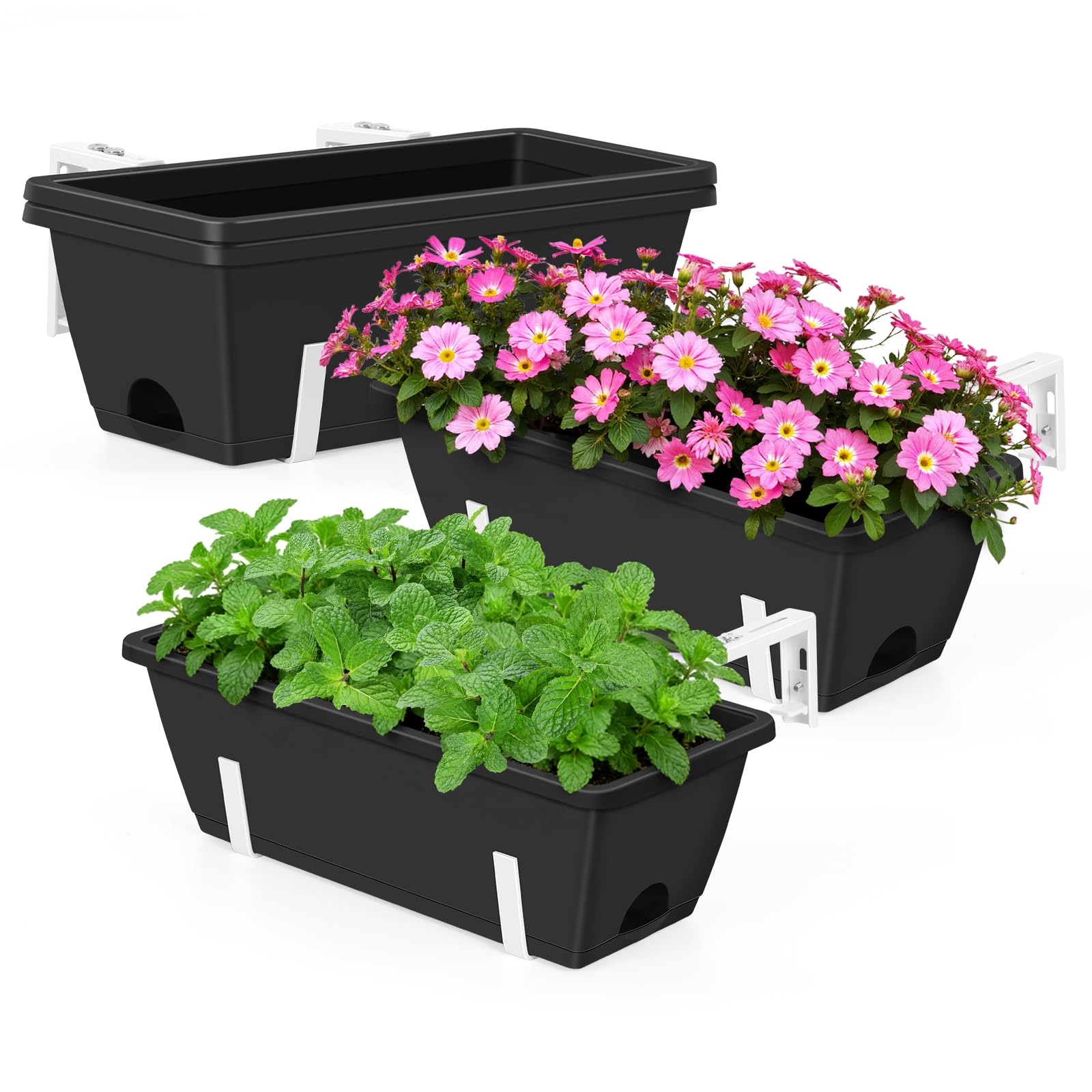 OYEAL Confezione da 4 fioriere per esterni, 43 cm, in plastica, con staffe regolabili, fioriere da appendere alla finestra, fioriere per piante da giardino, recinzione, patio, balcone, nero e bianco