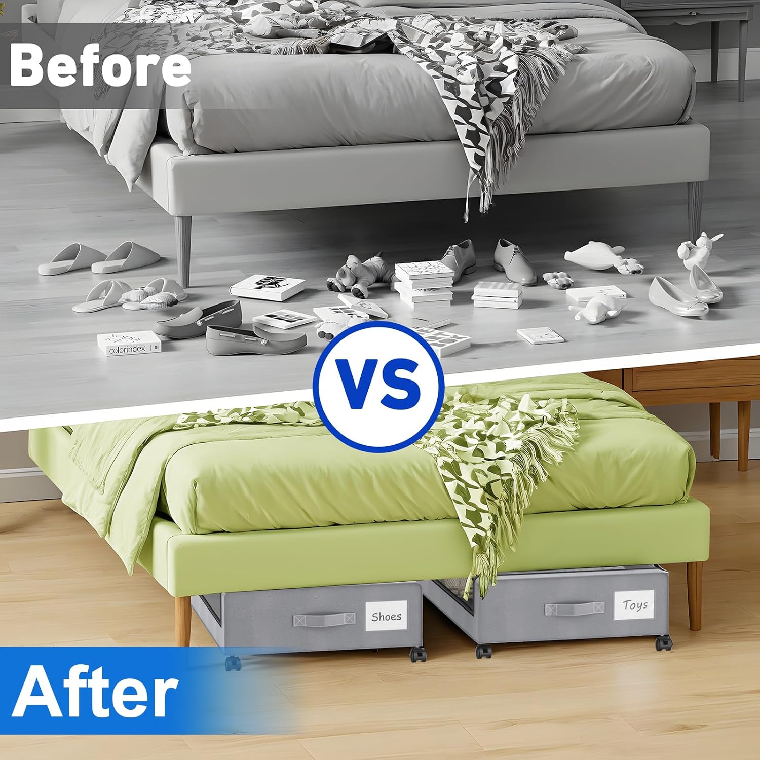 Beborxue Under Bed Storage with Wheels, 4-Pack Under Bed Storage Containers with Clear Lids, XXL 60L Under the bed storage Organizer Bins, Rolling Under Bed Metal Drawer for Clothes,Shoes,Toys (Gray)