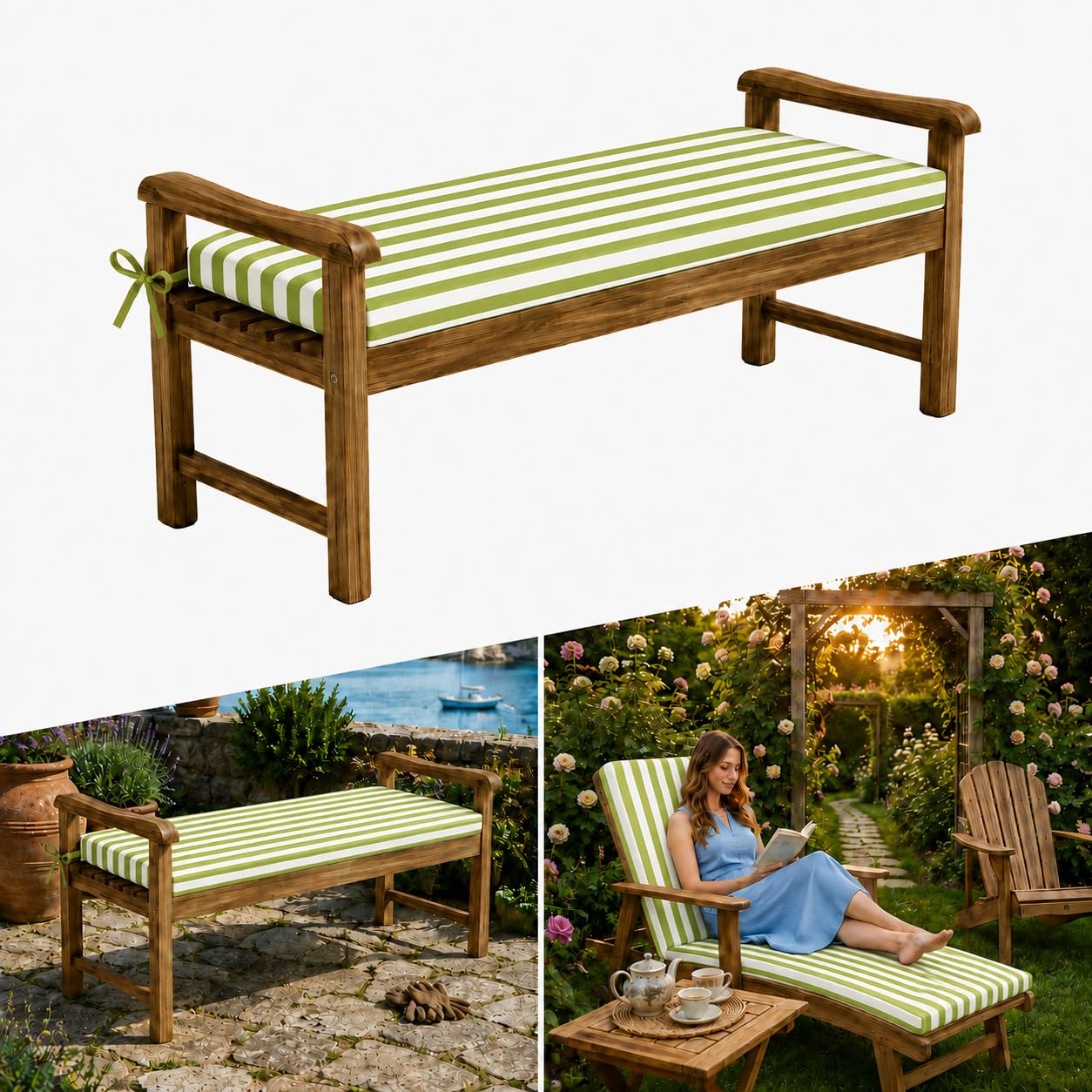 AZMAHT Waterproof Garden Bench Cushion Outdoor Furniture Cushions 2 3 4 Seater Garden Cushions 5cm Thick Bench Seat Pad with Straps & Removable Cover for Patio Swing Seat Sofa,green stripes,110x55x5cm