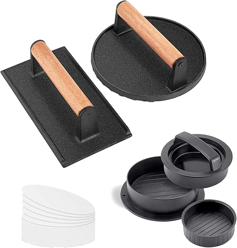 Miniatura 1 de Leonyo 2 prensas de hamburguesas con prensa de hamburguesas de plástico, prensa de parrilla redonda y rectangular de hierro fundido para parrilla