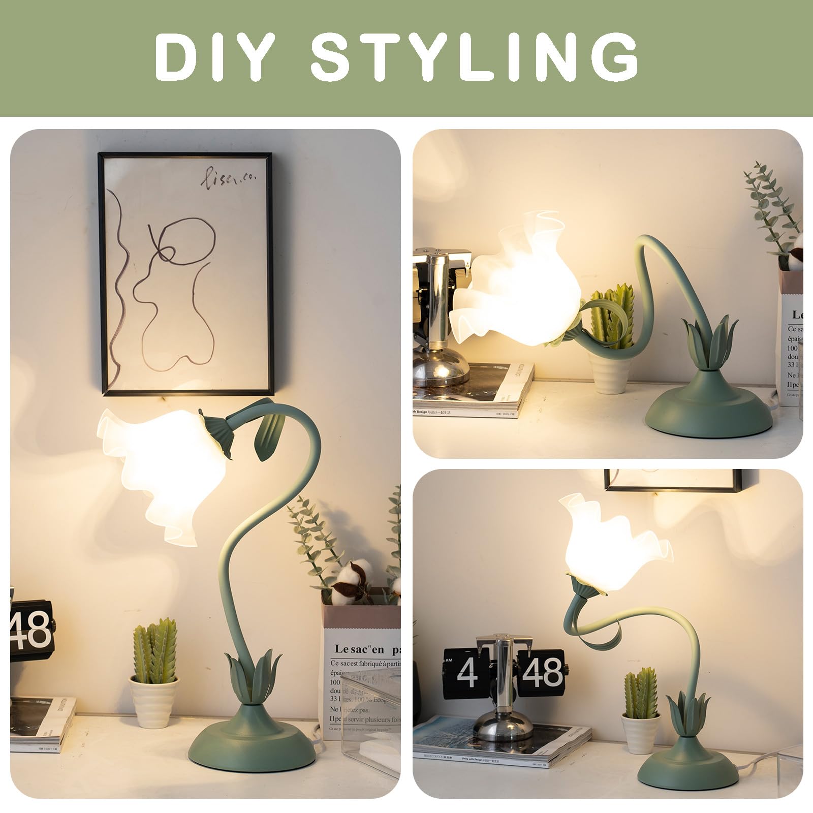 Fiori Lampada da Comodino,Flessibile DIY Lampada da Tavolo con 3-Luci,Lampada da Scrivania da Lettura Moderno Dimmerabile,Lampada da Comodino per Ragazze,Soggiorno,Camera Da Letto,Verde.