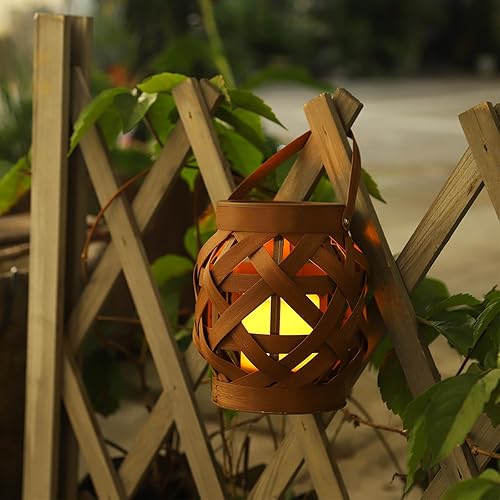 Miniatura 4 de Faroles decorativos de ratán de plástico con LED parpadeante sin llama, lámpara decorativa para colgar, funciona con pilas para mesa de interior y