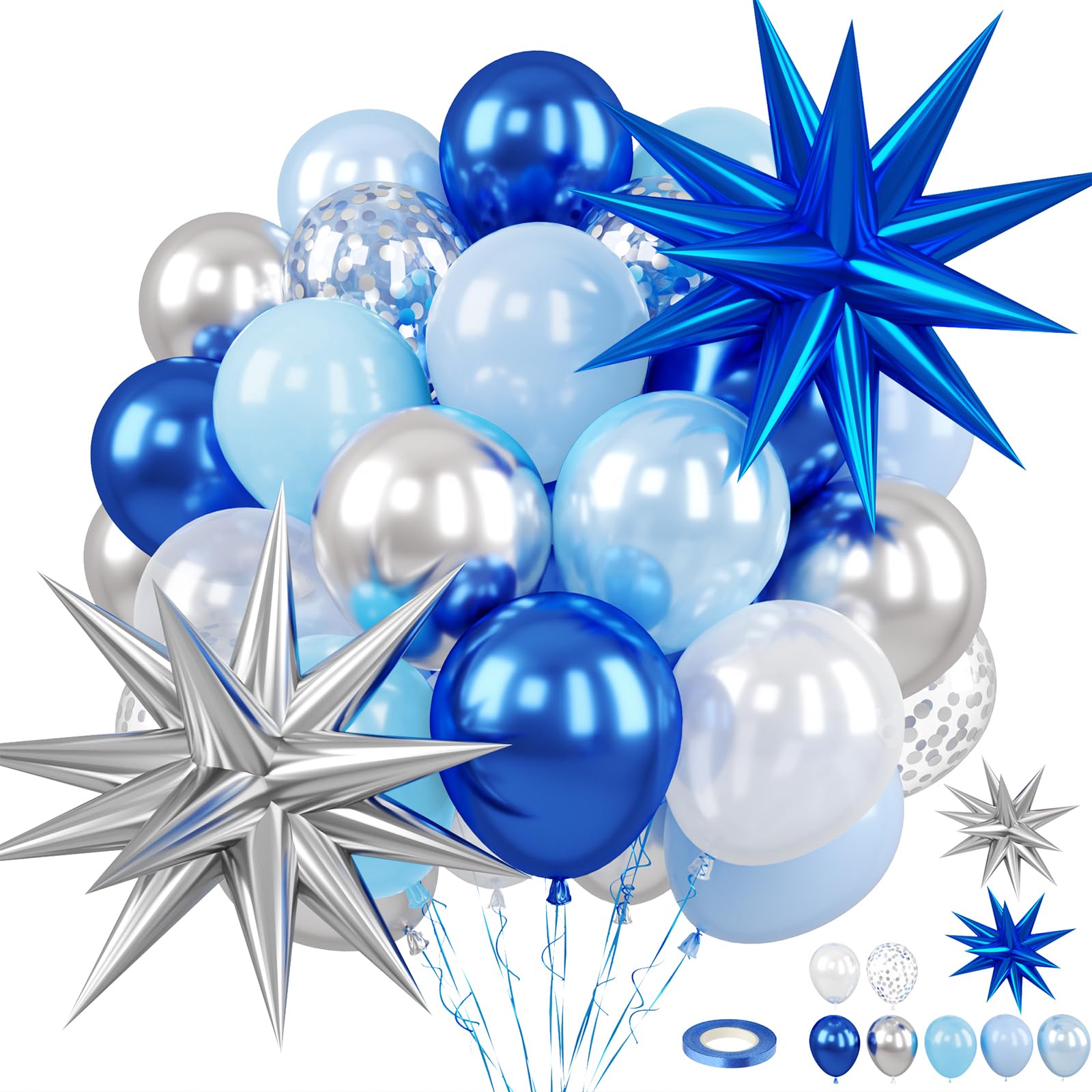 Blue and Silver Balloons, Dark Navy Light Blue Metallic Confetti Silver Pearl White Star Foil Balloons for Boy Men Blue Birthday Prom Party Decorations Baby Shower Graduation