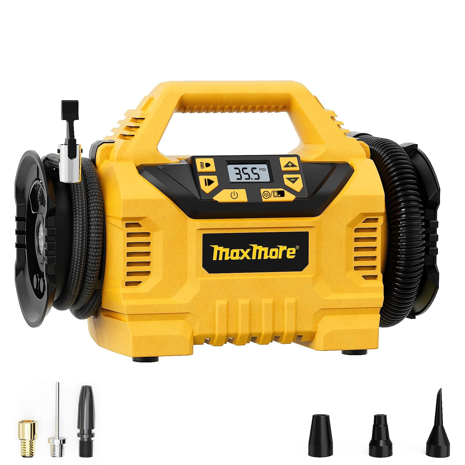 MaxMore Gonfleur de pneu portable compatible avec batterie DeWalt 20 V (outil uniquement), pompe à compresseur d'air sans fil haute pression 160 psi, jauge numérique, arrêt automatique, lumière LED