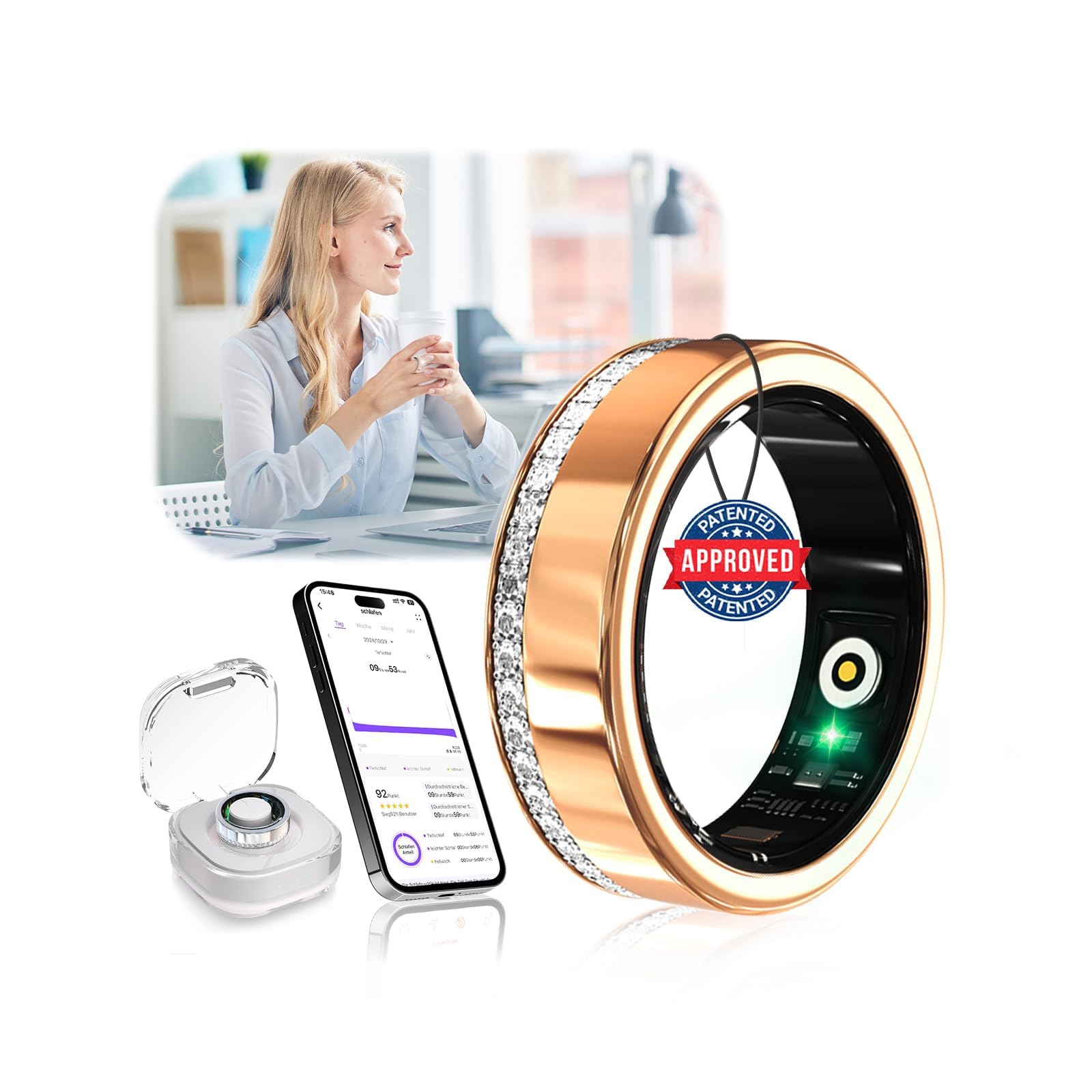 2026 NO.1 - Smart Ring con diamante e custodia di ricarica wireless, numero di settore 1-0, monitoraggio del sonno, anello intelligente portatile SpO2 per Android e iOS, oro 8#