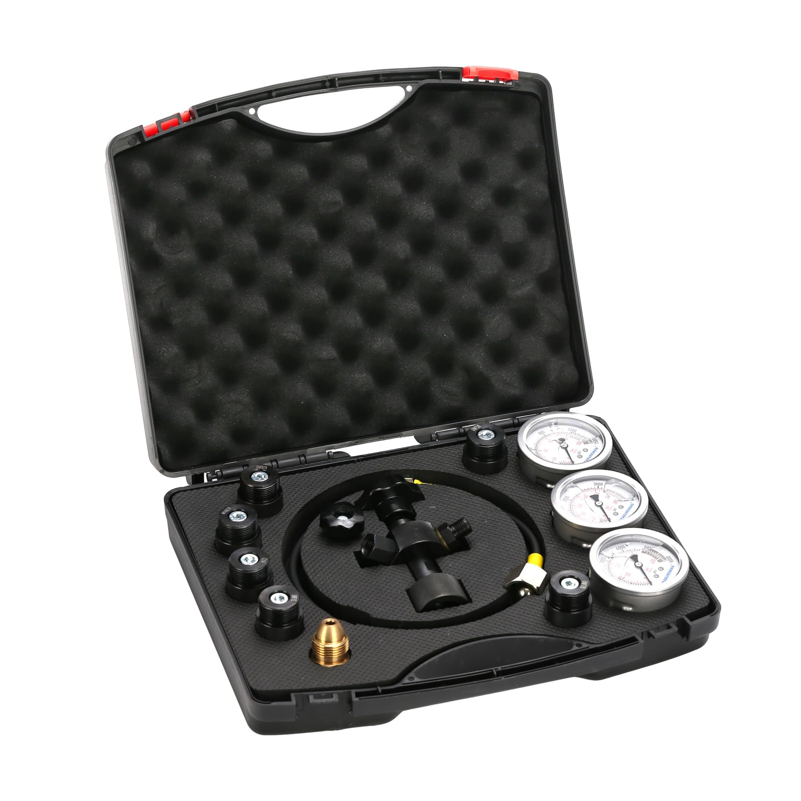Kit Recharge Azote Accumulateur Hydraulique, Kit de test de pression d’azote, Système de test de pression d’azote, Outils de gonflage de gaz avec 7 raccords, 3 manomètres, 1 durite à gaz