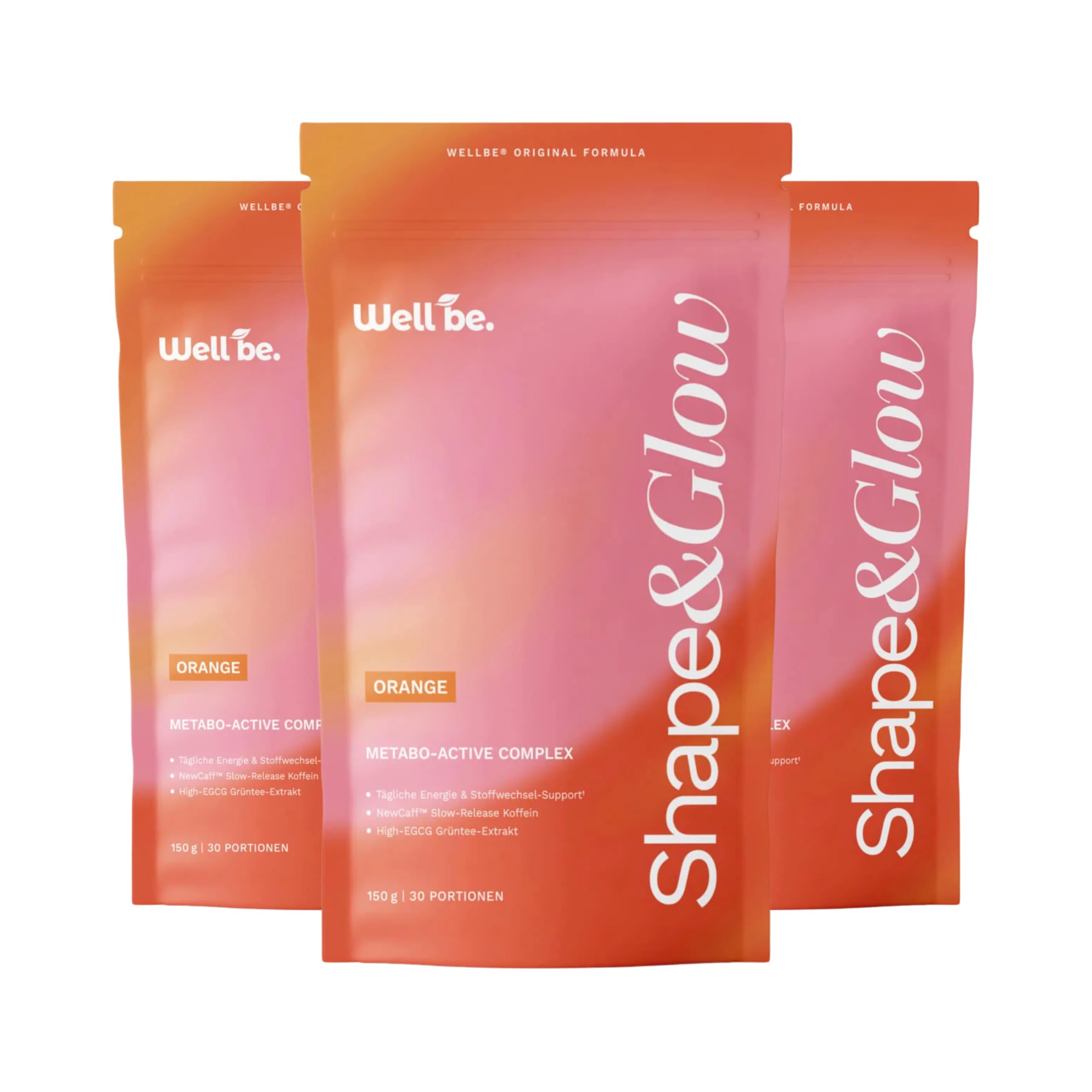 wellbe Shape & Glow™ Drink mit NewCaff™ Slow-Release Koffein, L-Carnitin, Grüntee-Extrakt (EGCG), Chrom, Kollagen, Vitamin B6 & B12 – Orange Citrus – 3er Pack