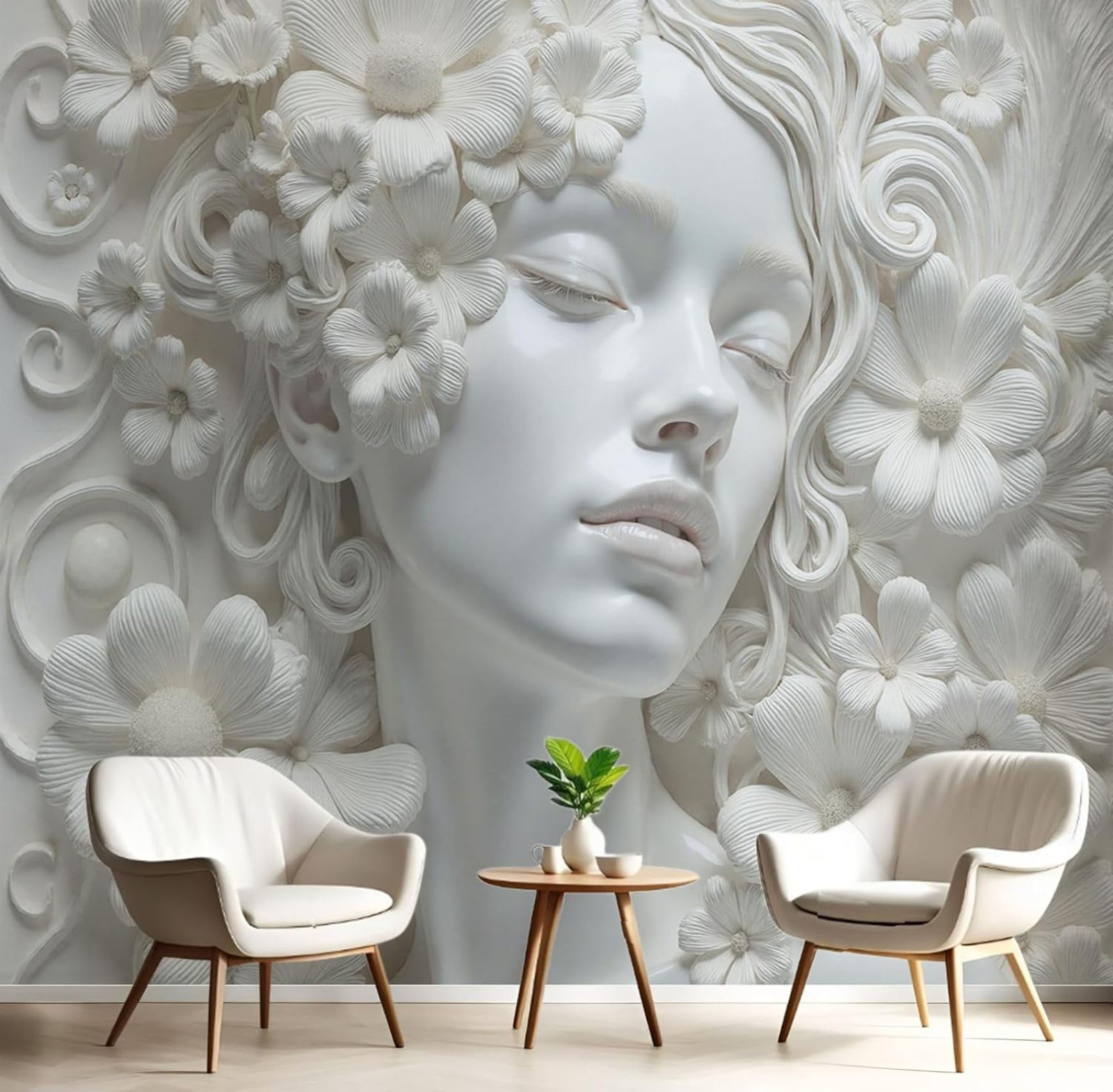 kfjhgbdshhj Photo Wallpaper Flowers Woman 3D Plaster Relief 3D Effect White for Living Room Bedroom Motif Wallpaper Poster Pictures Wall Decoration,200cmx140cm Stickers - Frameless Painting - Poster