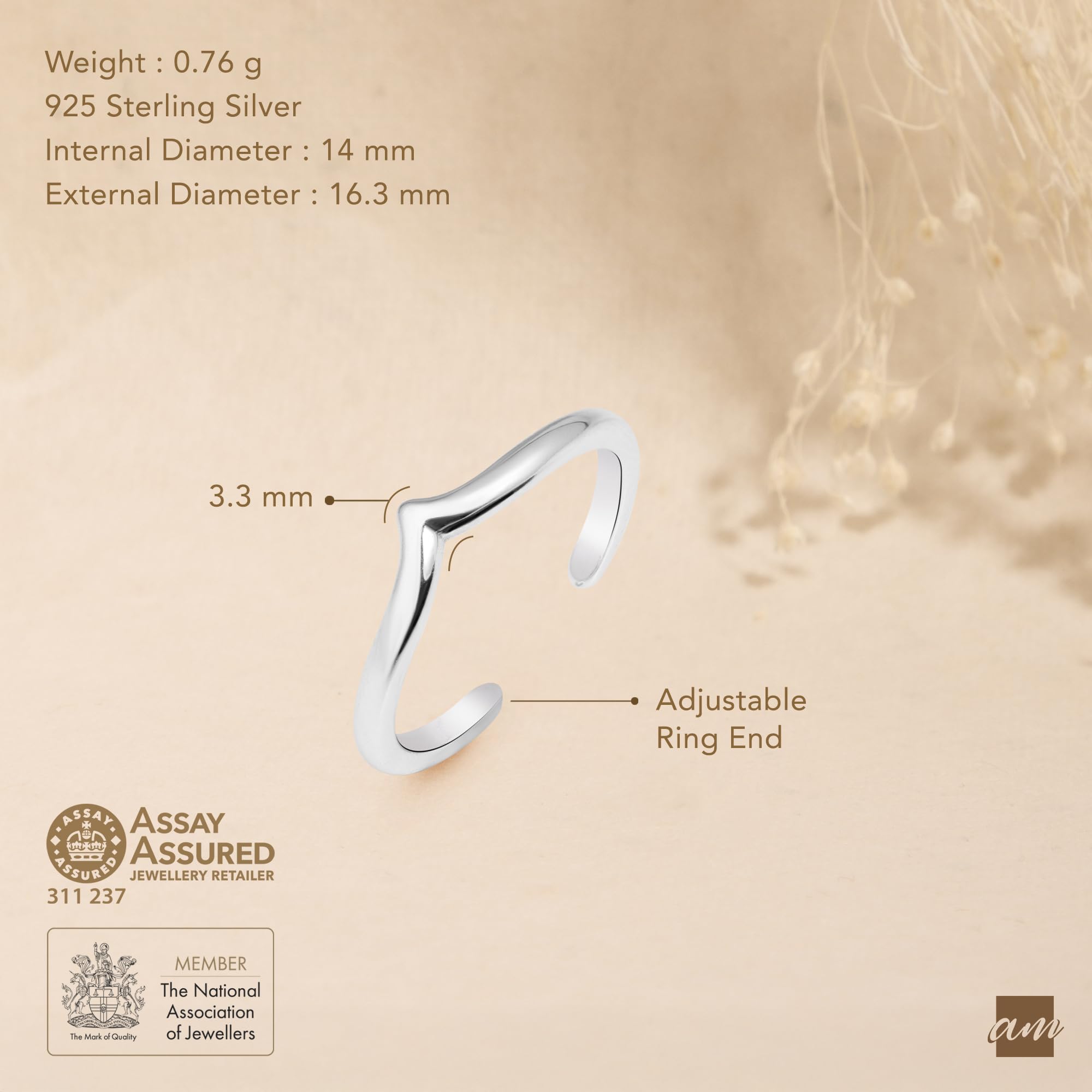 Amberta Adjustable 925 Sterling Silver Toe Ring for Women | Wave Hearts Flower Dolphin Crown Leaf Boho Foot Jewellery: Chevron Toe Ring 3