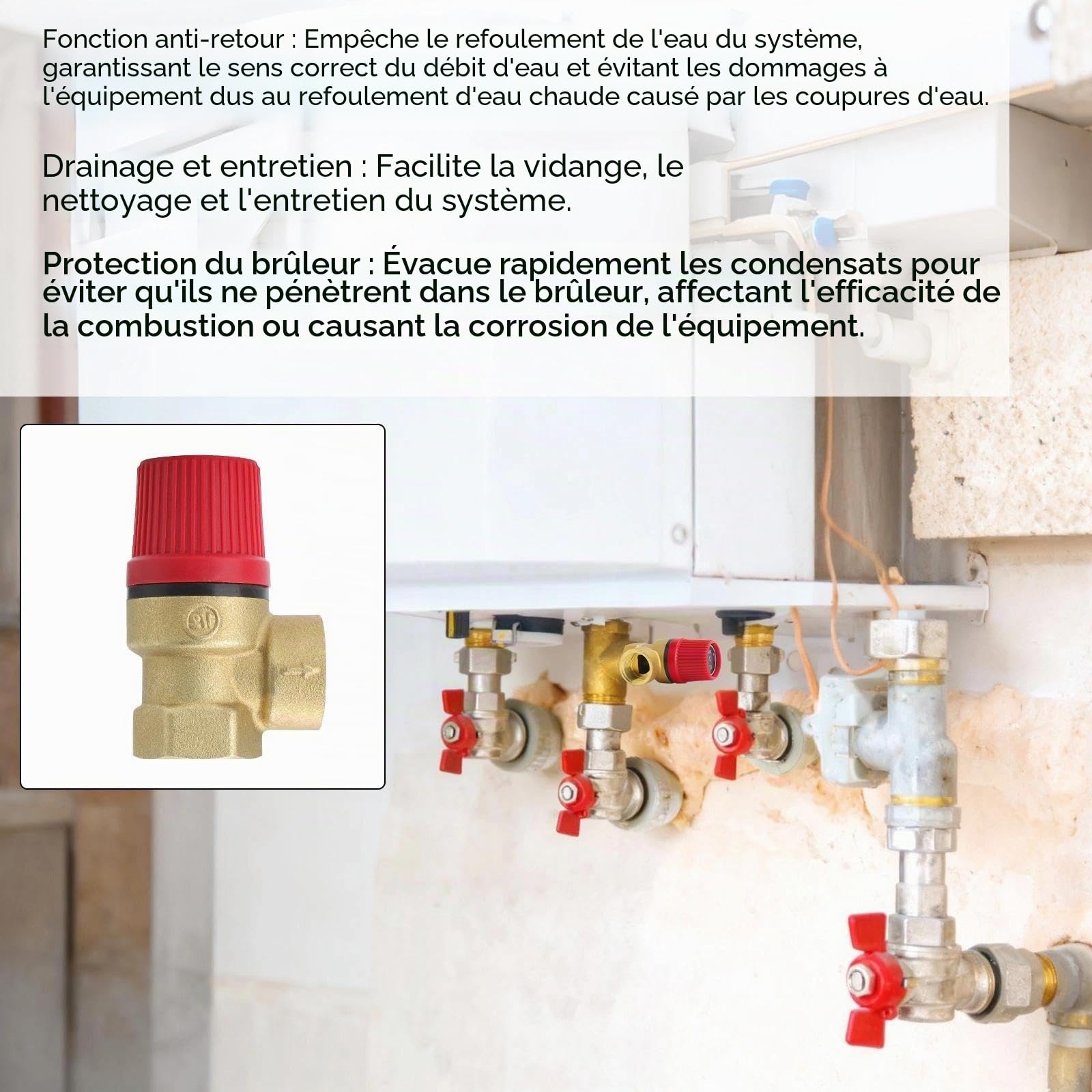 Soupape de sécurité 1/2" 3 bar en laiton pour système de chauffage, chauffe-eau et chaudière, contrôle précis de la pression, anti-fuite, installation facile pour systèmes de chauffage