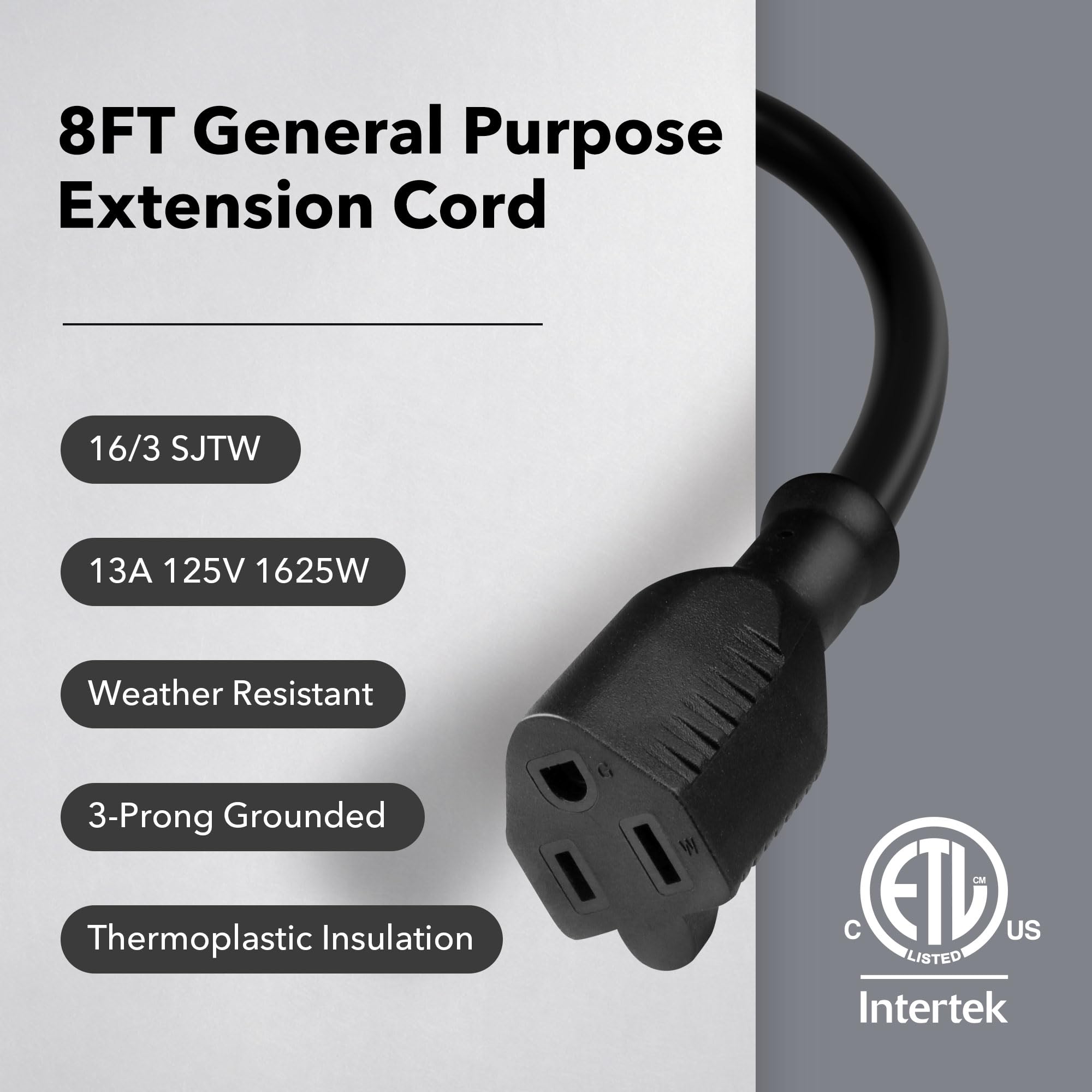 BN-LINK - Cable de extensión de 8 pies para interiores y exteriores 16/3 SJTW, negro, resistente al agua y a la intemperie, enchufe de tierra de 3 puntas para jardinería y decoración de día festivo,