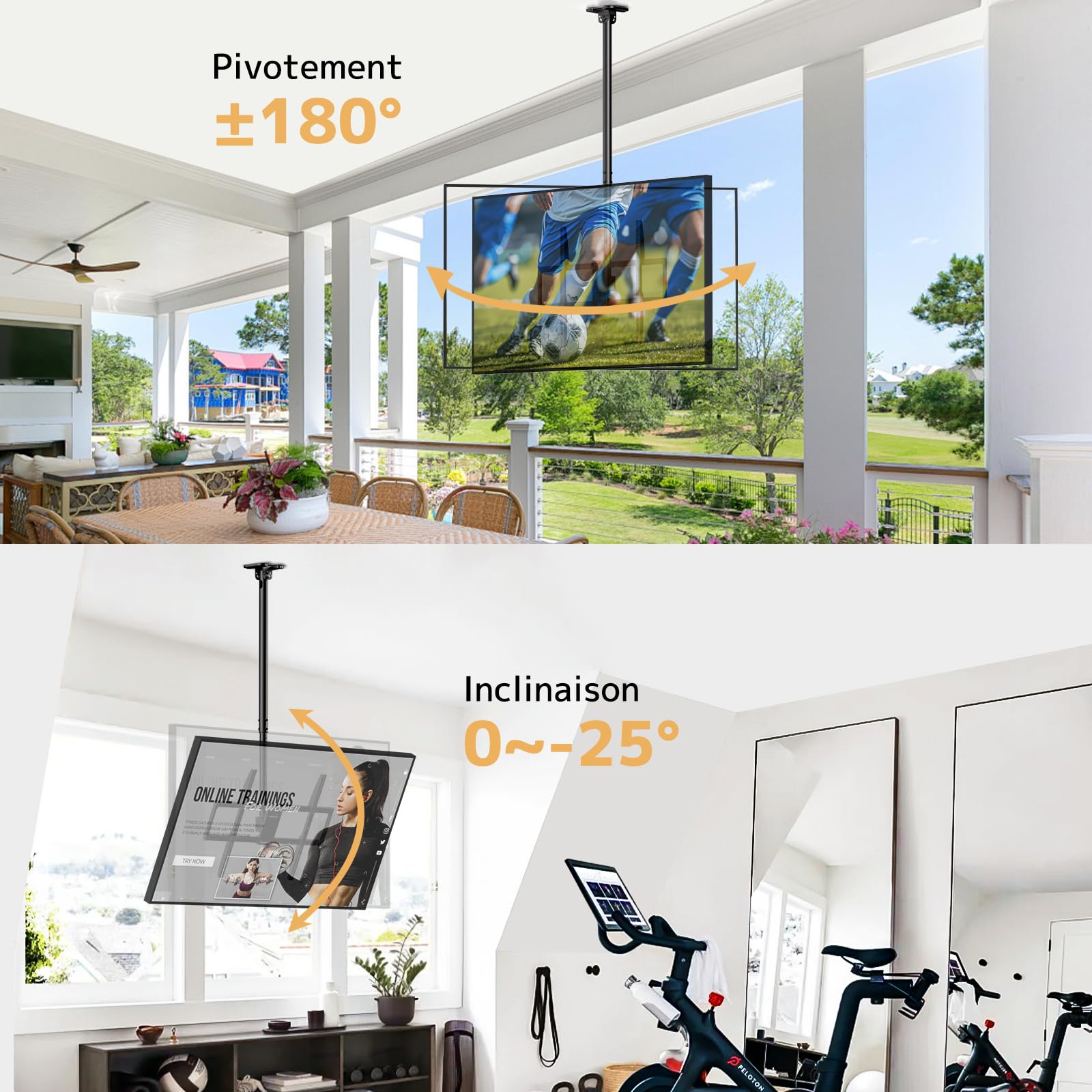 Support TV Plafond pour Écrans 50 à 100 Pouces, Charge 80 kg, VESA Jusqu’ à 800x600 – Réglable en Hauteur (1090–1690 mm), Inclinable et Pivotant, Support Professionnel pour Commerces et Cinéma Maison