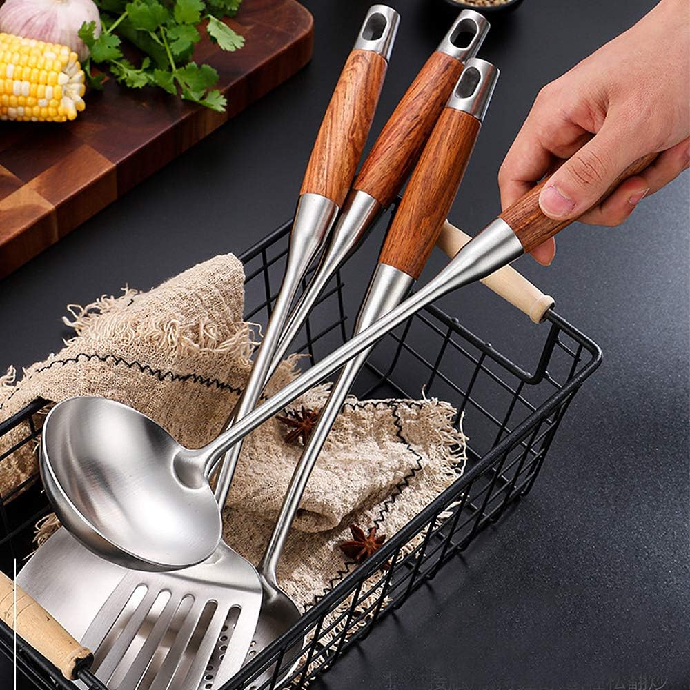 6Pcs Stainless Steel Kitchen Cooking Utensils - Heat Resistant Hua limu Handle Cooking Tools Set with Skimmer Slotted Spoon, Spaghetti Server and Soup Ladle, Wide Spatula Rice Scoop Spoon