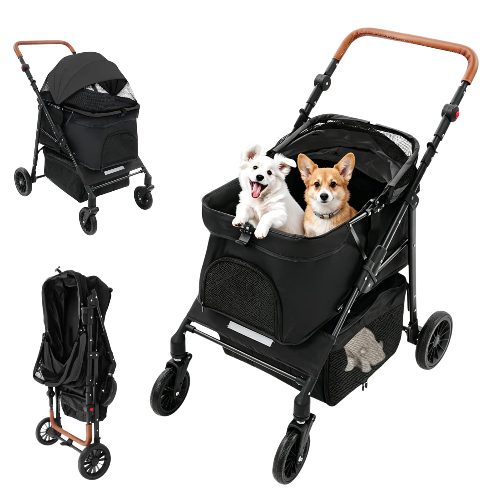 Carrello per cani 2 in 1, pieghevole con due scomparti separati, passeggino per animali domestici fino a 15 kg, con manico regolabile, per cani e gatti di piccola taglia (nero)