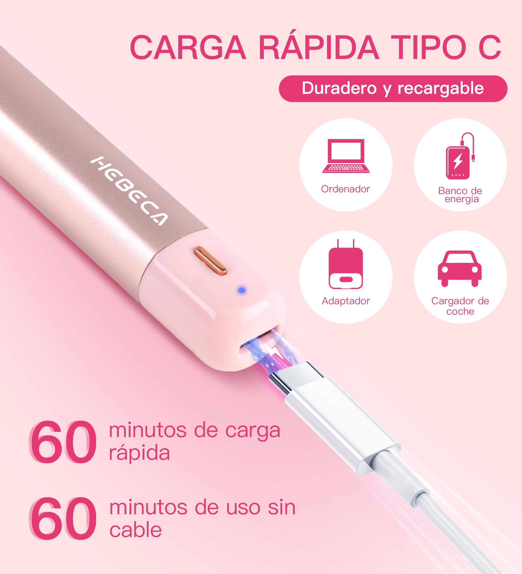 HEBECA Recortadora de vello nasal para mujer 3 en 1 - Recargable, impermeable, portátil con bolsa de viaje - Recorta nariz, oídos, cejas, vello fino, labios, barbilla, eliminador de vello facial (Rosa