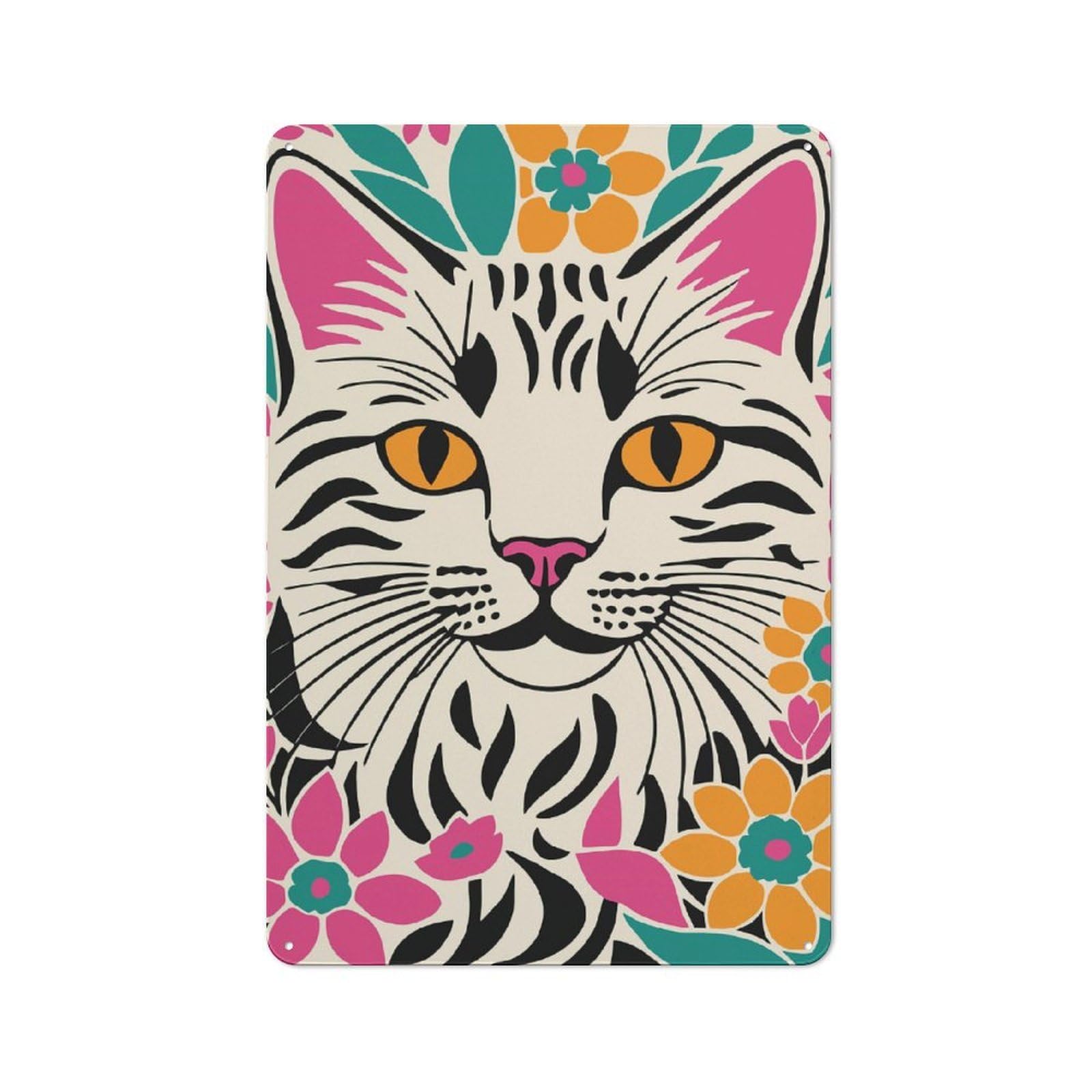 Junmoney Style-8 Metal Plaque 30X20cm With Cute Kitty In Flowers For Hallway Wall, Rustic Decor, A Metal Wall Feature For Hallways And Entrance Areas