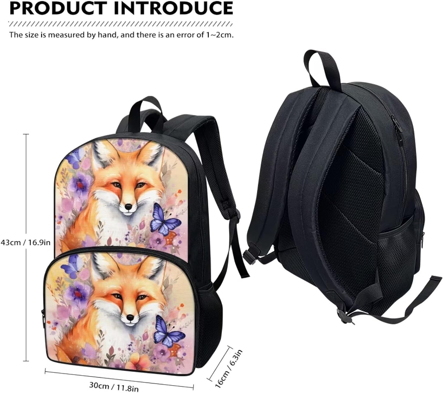 SYtrade Cute Fox Print Backpack Polyester Black Bookbag Schoolbag Lunch Box Carry Bag