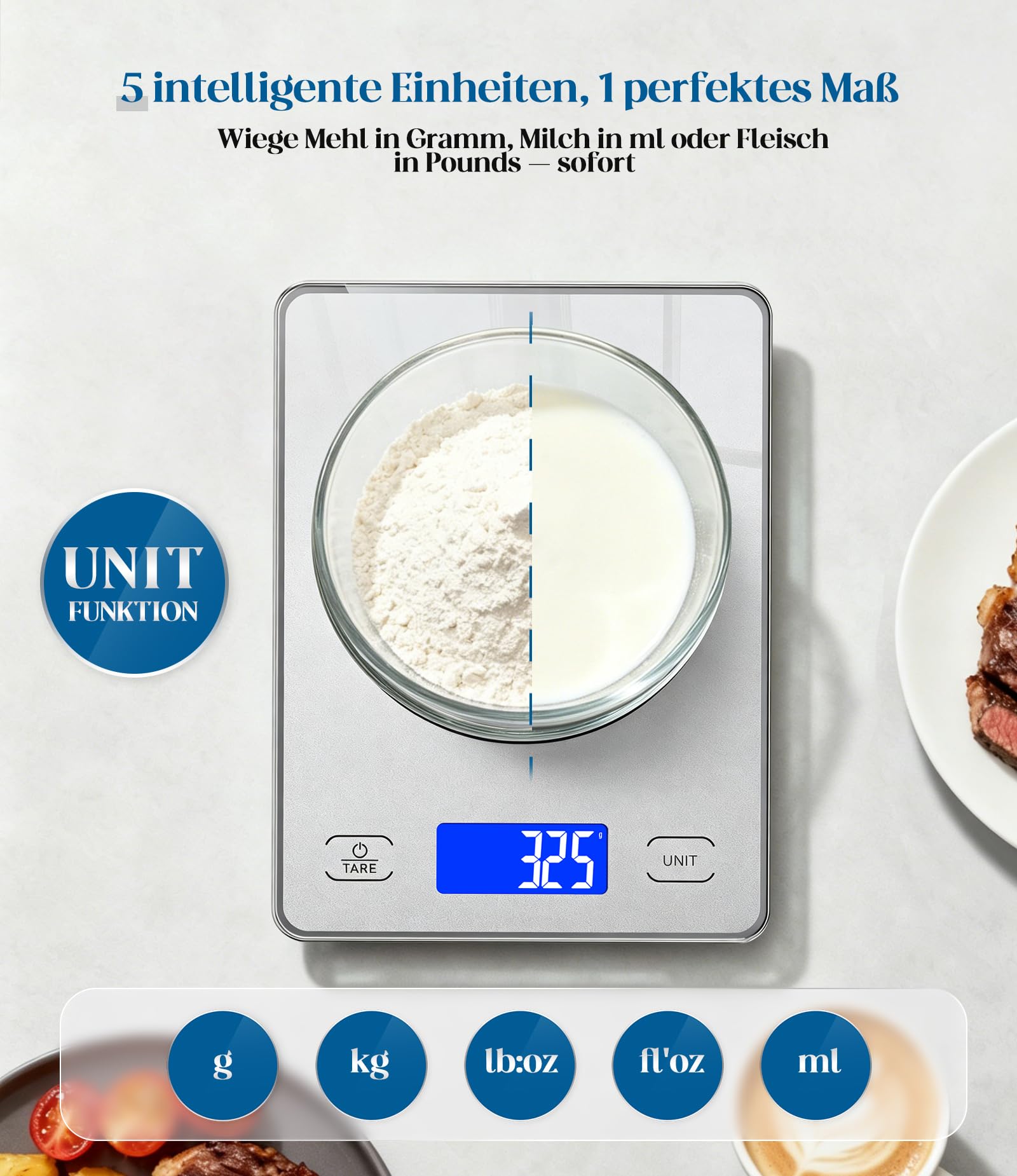 Küchenwaage Digital mit 15 kg Tragkraft, 5 Einheiten in g/ml/fl'oz, Präzise Waage Küche mit Großem Display, Dual Power (USB-C/Batterie), 1g Hochpräzise, Tara, Sicherheitsglas für Backen, Kochen