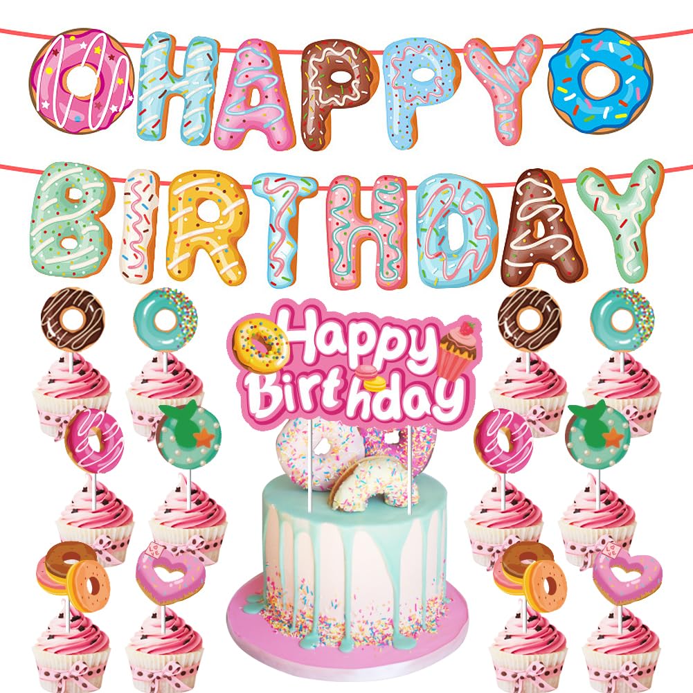 Donut Theme Birthday Party Decor, Donut HAPPY BIRTHDAY Banner, Donut HAPPY BIRTHDAY Cake Topper and Donut Cupcake Toppers for Donut Lover Birthday Party