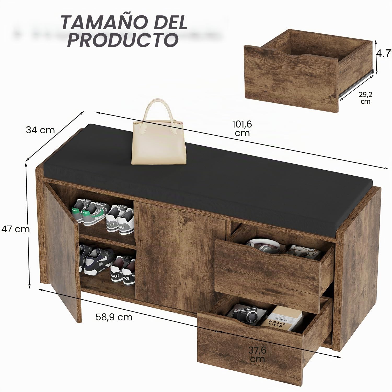 LVB Banco Zapatero con cajón y Asiento Acolchado, Multifuncional para Entrada/salón, 150 kg, 101x45x34 cm, marrón-Negro
