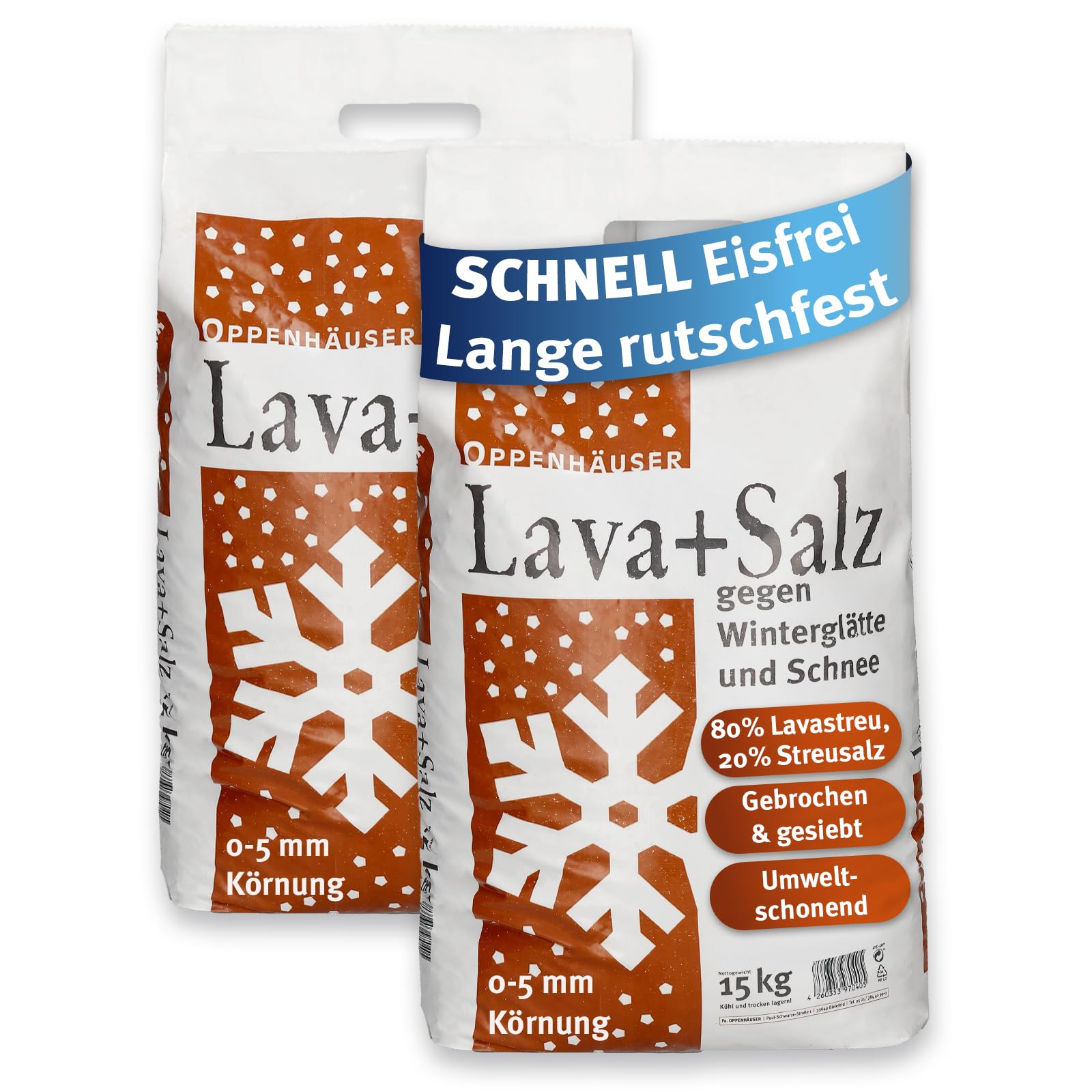 OPPENHÄUSER Lava-Salz Gemisch 30kg gebrochen & gesiebt: 80% Lavastreu 20% Streusalz (DIN EN 16811-1), schnell & langanhaltend, für Gehwege & Straßen, Premium Qualität - 2x15kg