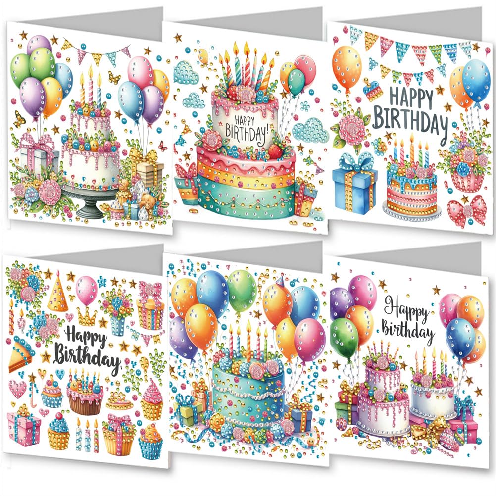 Meecaa 6pcs DIY Diamond Art Christmas Cards Kits Birthday Cake Balloon Gift Flowers 5D Crystal Art Card with Envelopes, Postcards for Handmade, Diamond Painting Cards Sets, 15 * 30cm (Birthday)