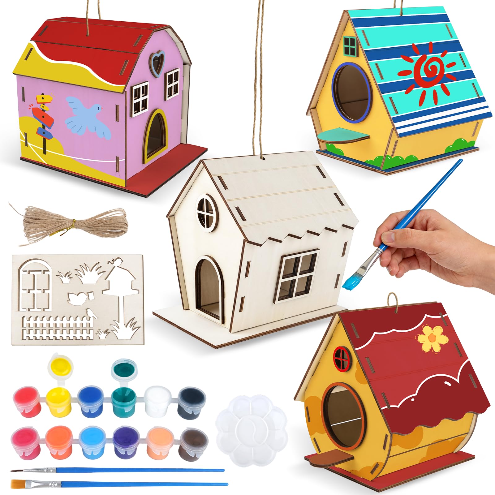 HOLDLEAF Kit casetta per uccelli per bambini, set fai da te in legno da 4 pezzi, da costruire e dipingere, kit fai da te per bambine, bambini e neonati