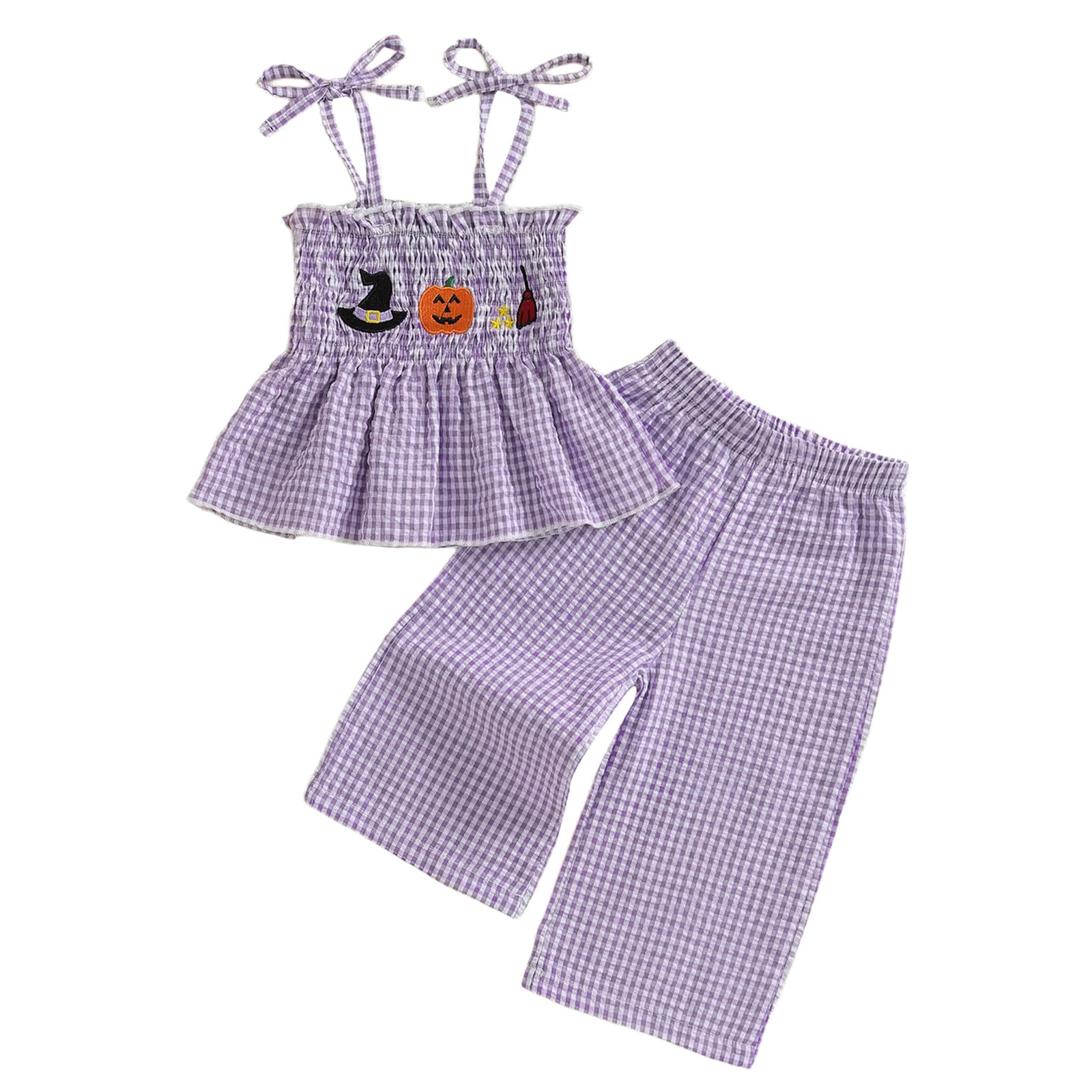 Kayotuas 4th of July Toddler Girl Outfit USA Smocked Spaghetti Strap Tank Top Dress Wide Leg Pants Red White and Blue Clothes