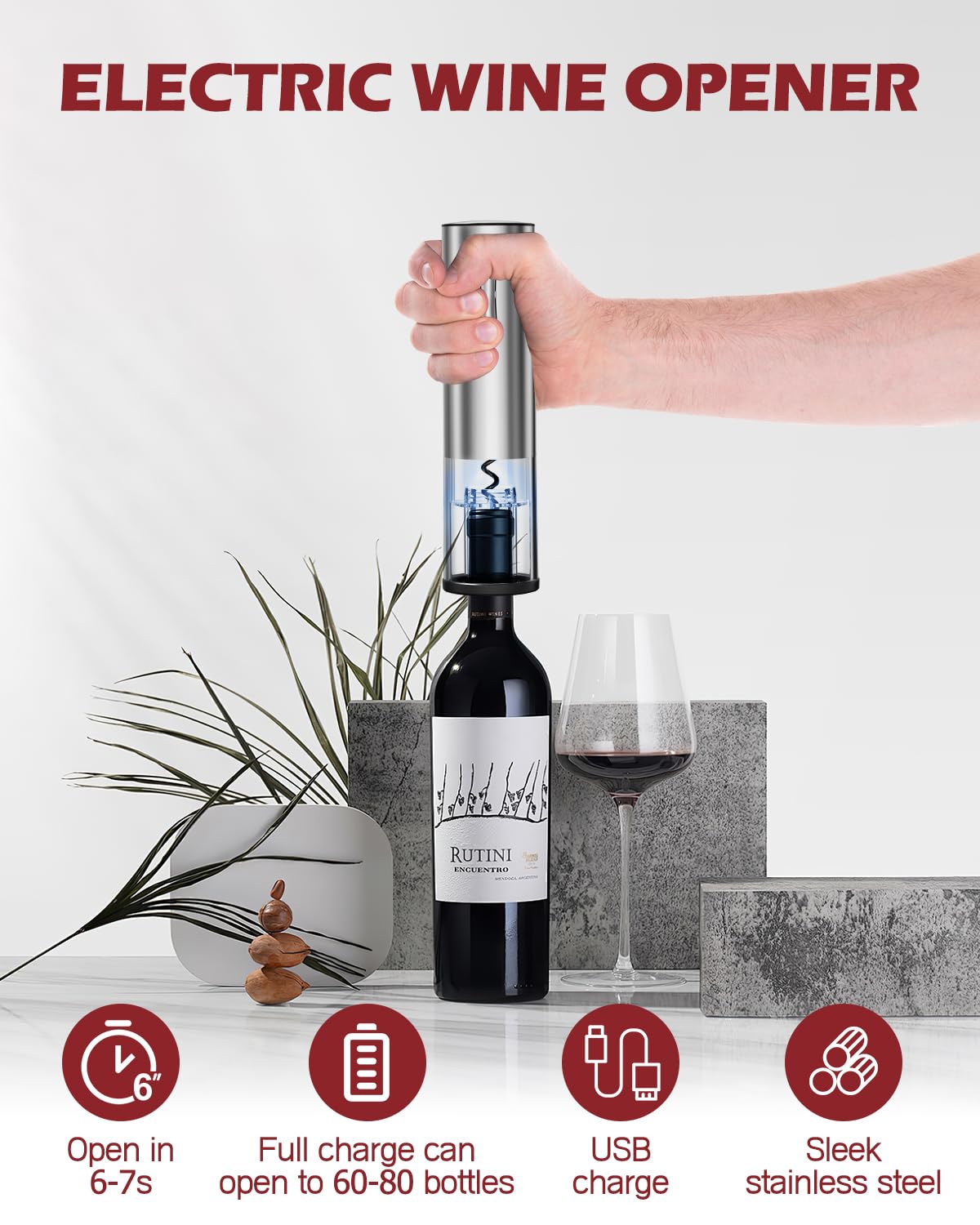 Juego de abridor de vino eléctrico, abridor eléctrico de botellas de vino 4 en 1, abridor de sacacorchos recargable con aireador, cortador de lámina, tapón al vacío, regalo ideal para amantes 2