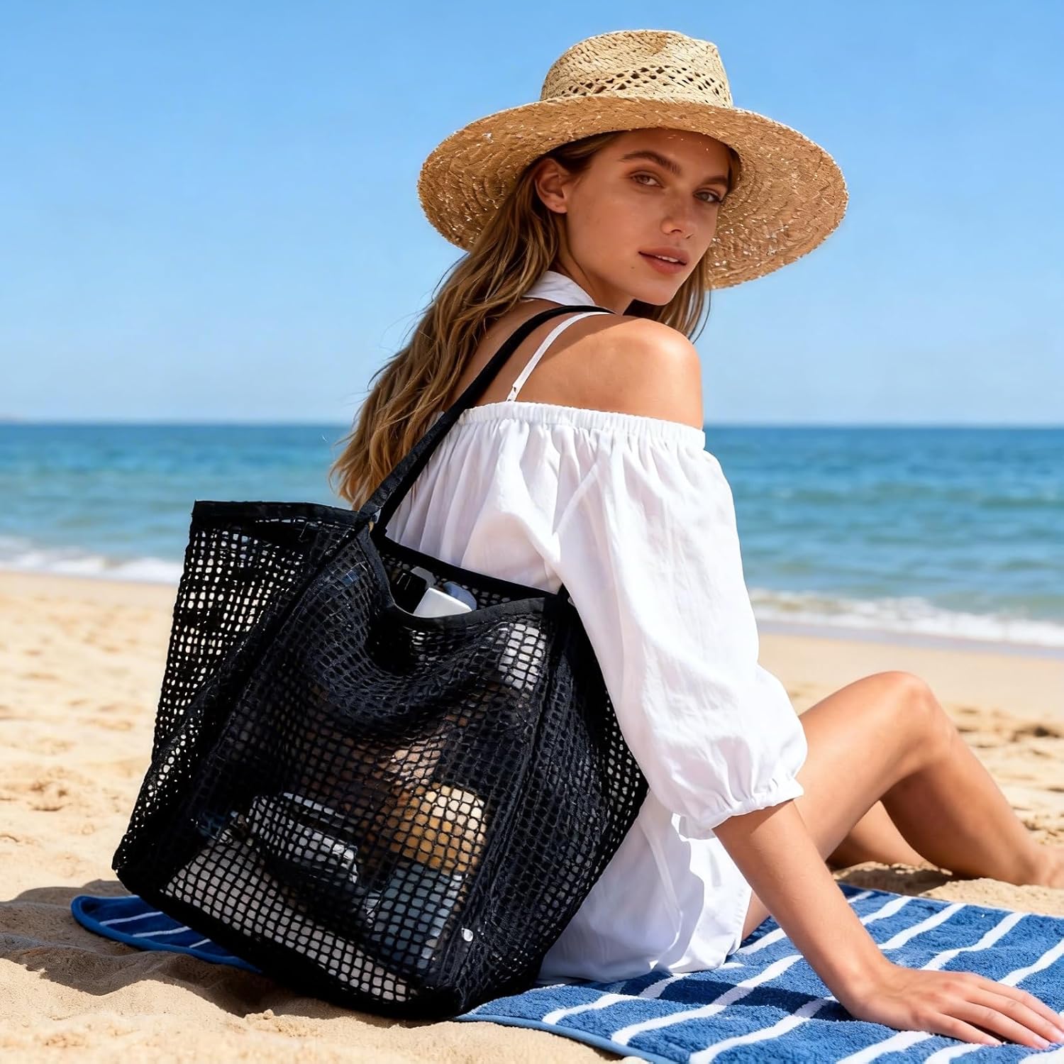Mesh Beach Bag, 23L Foldable Sandproof Lightweight Tote, Breathable Pool Bag with Wide Shoulder Straps, Zipper Pocket