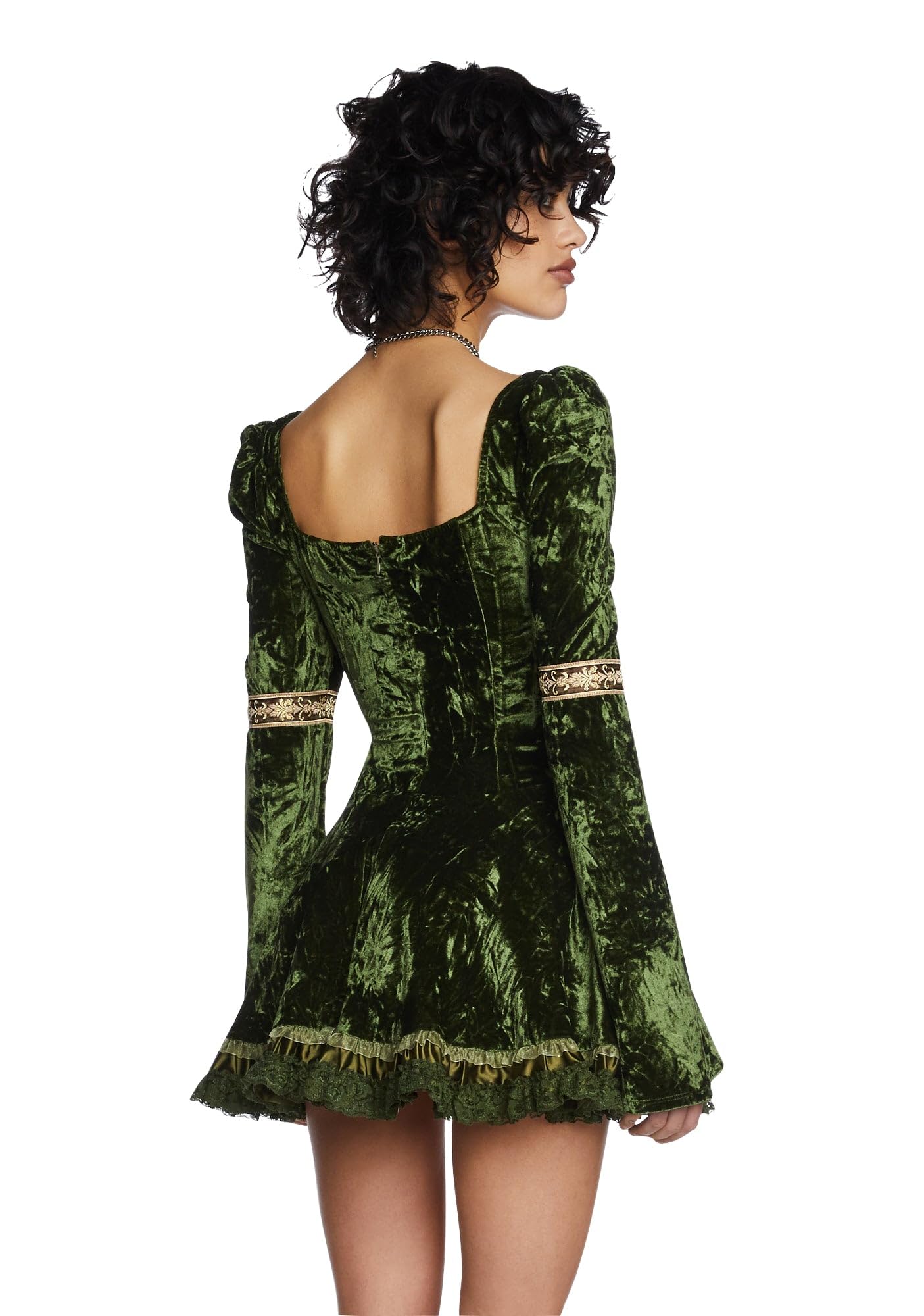 Dolls Kill Myths N' Legends Mini Dress by Current Mood – Green Velour Dress with Lace-Up Front & Puff Sleeves